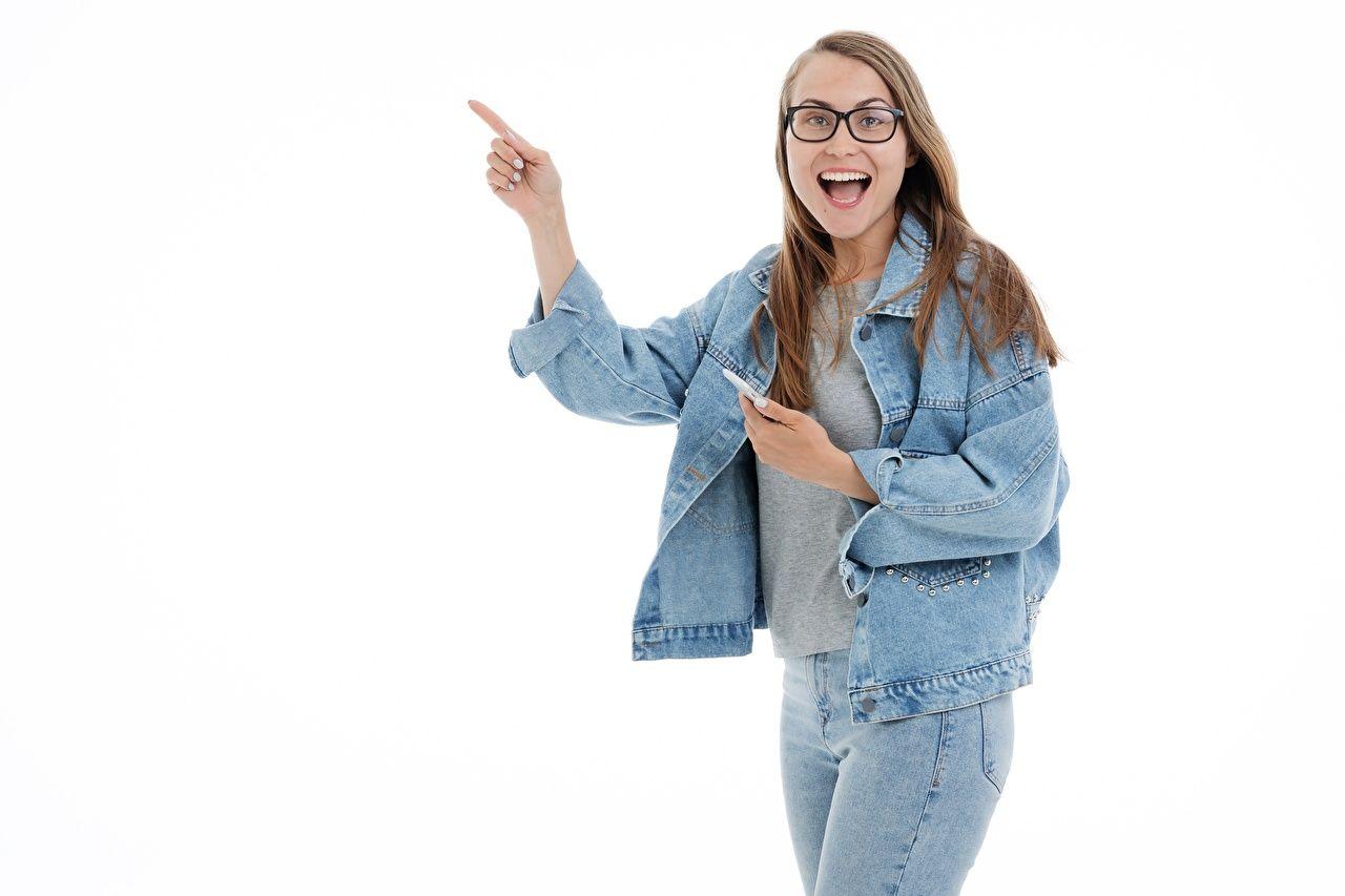 1280x853 Desktop Wallpaper Brown haired joyful female Jacket Jeans Hands