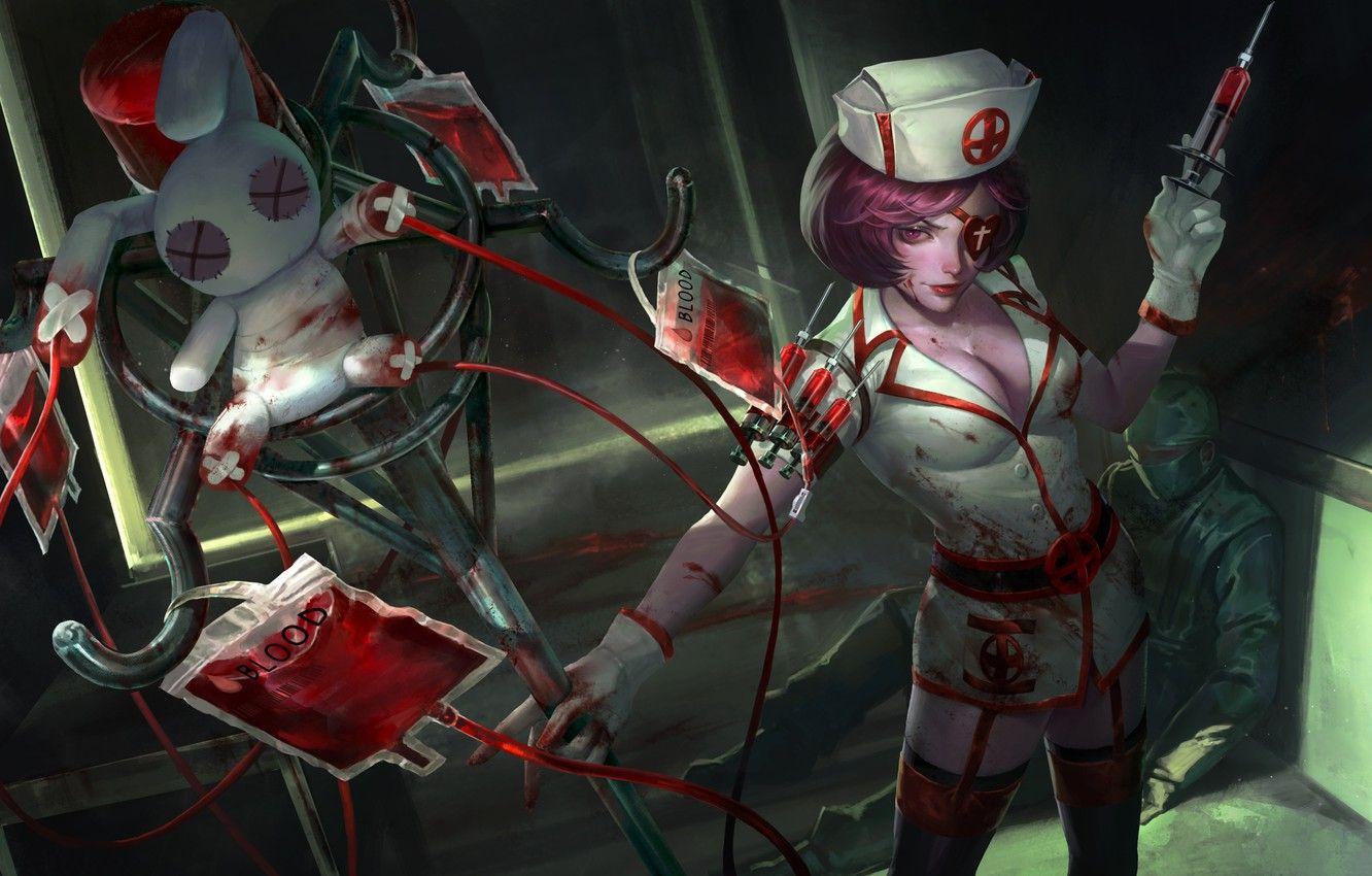 1332x850 Wallpaper chest, blood, rabbit, costume, nurse, syringe, art, Heroes of Newerth, Voodoo Jester, Painkiller image for desktop, section прочее