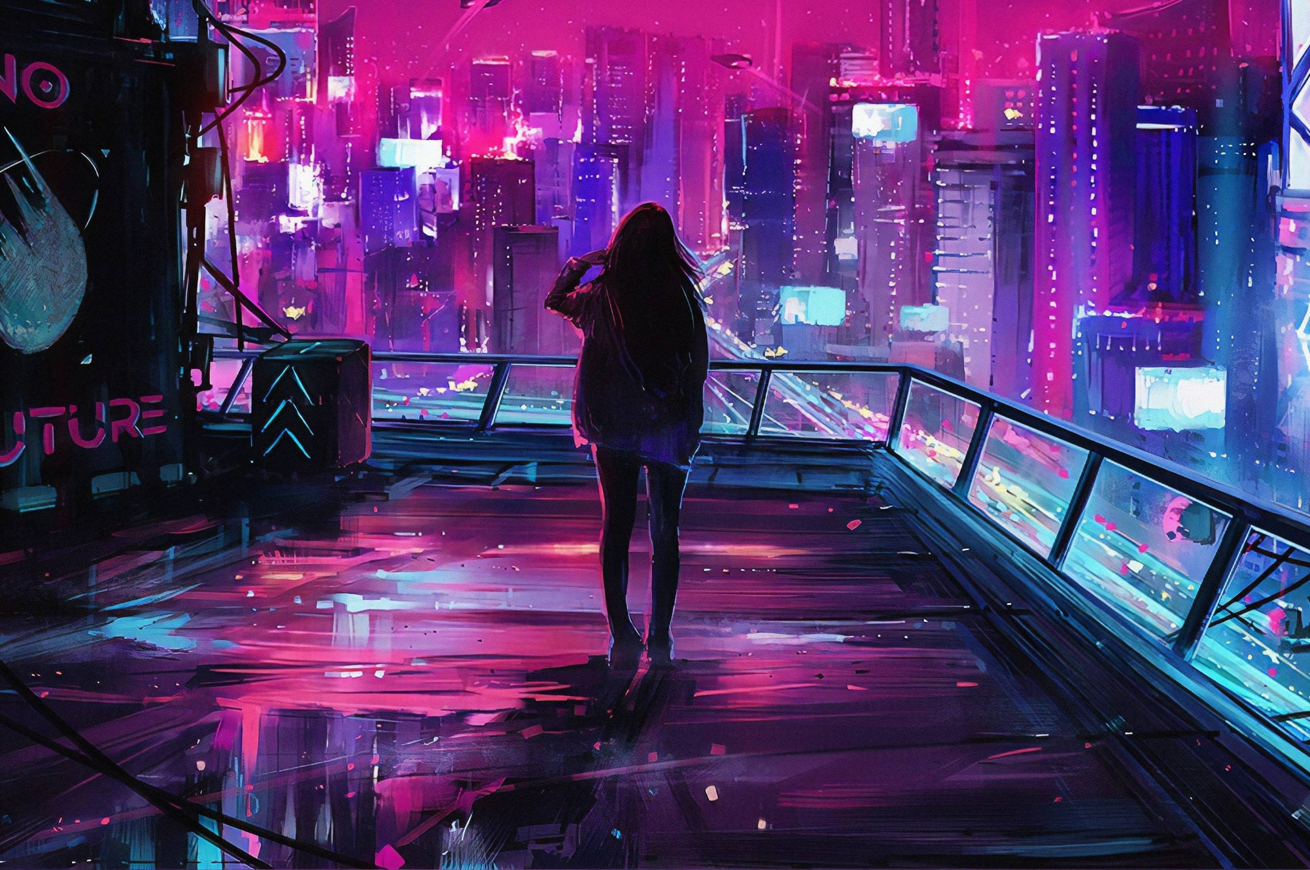 2560x1700 Woman in Cyberpunk City .