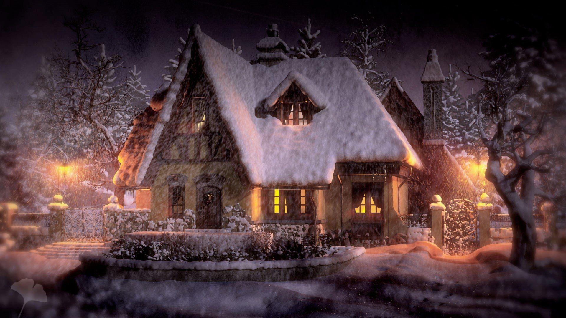 1920x1080 Snowy Cottage Wallpaper .