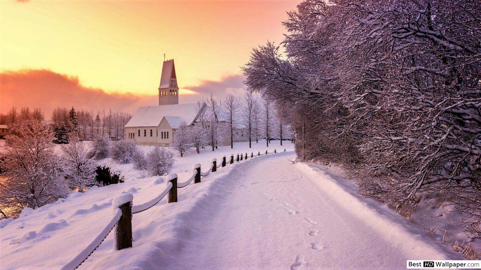 1600x900 Sunset and the snowy road HD wallpaper .