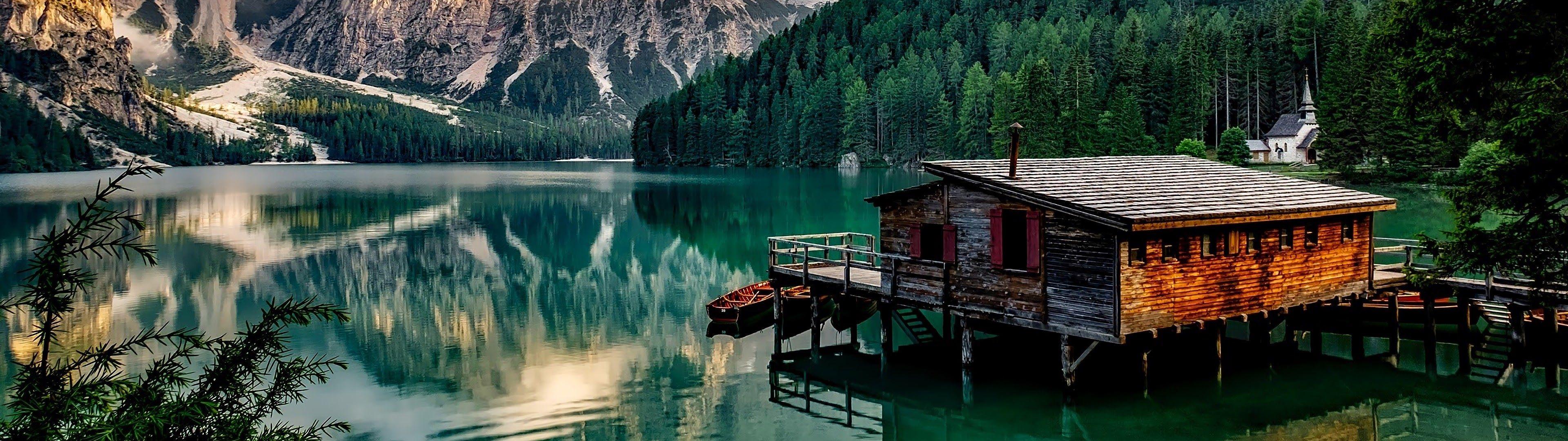 3840x1080 Lake Mountains Nature Cottage 4K .