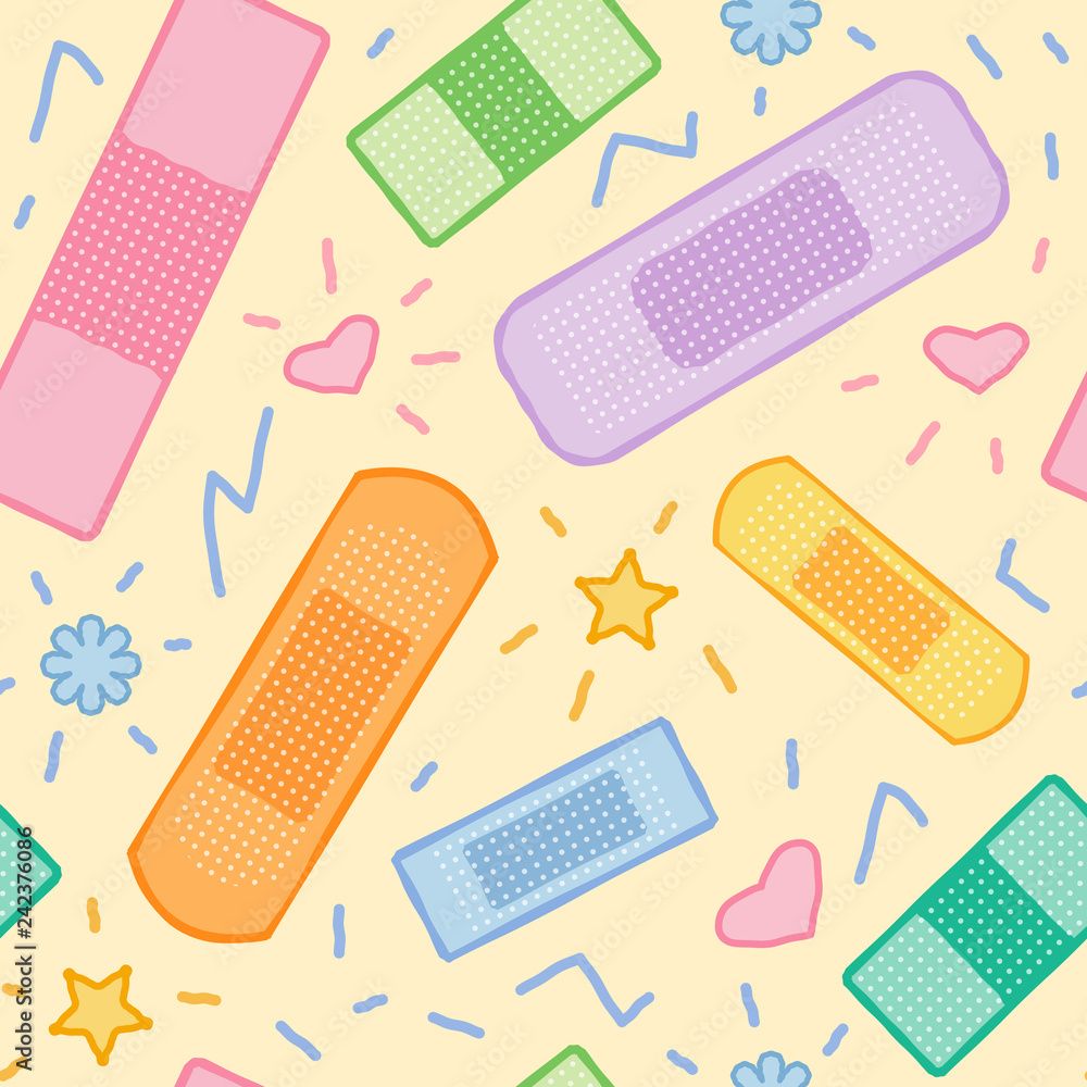 1000x1000 Seamless pattern with colorful medical plasters, nice band aid ornament, funny wallpaper, vector background Stock Vector