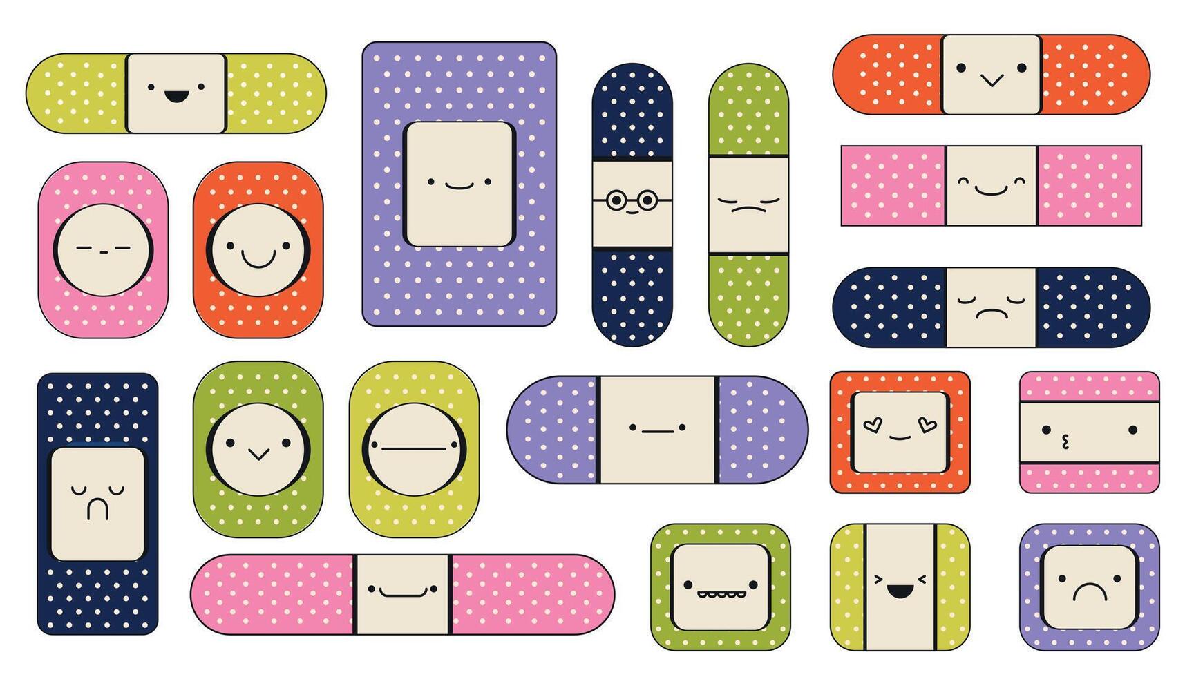 1715x980 Medical plaster character. Cute cartoon kids bandage and tape with faces and emotions for first aid and emergency, doctor care concept. Vector flat set