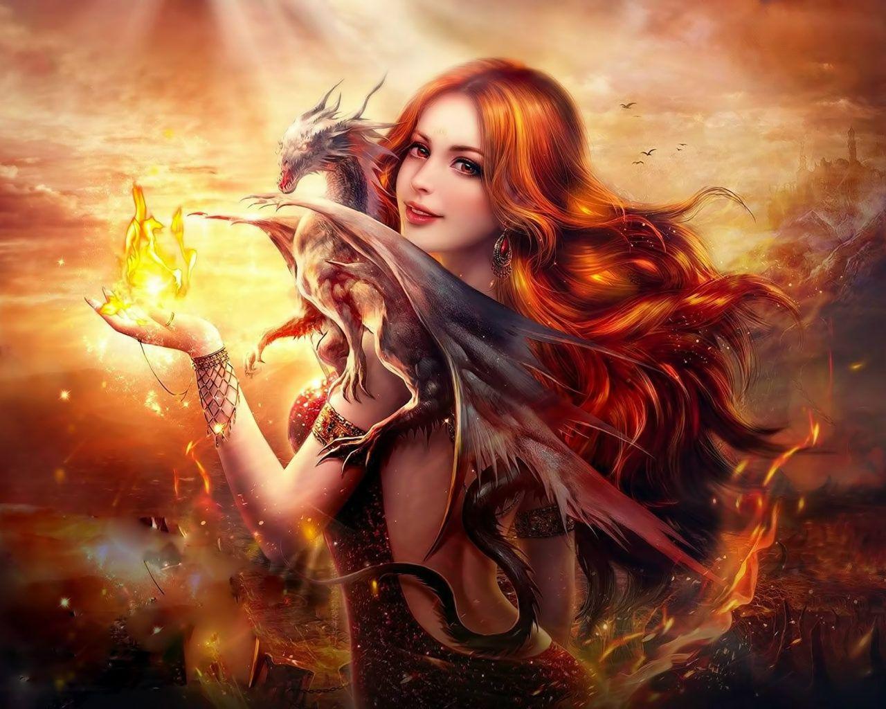 1280x1024 red hair and dragon fire monster .