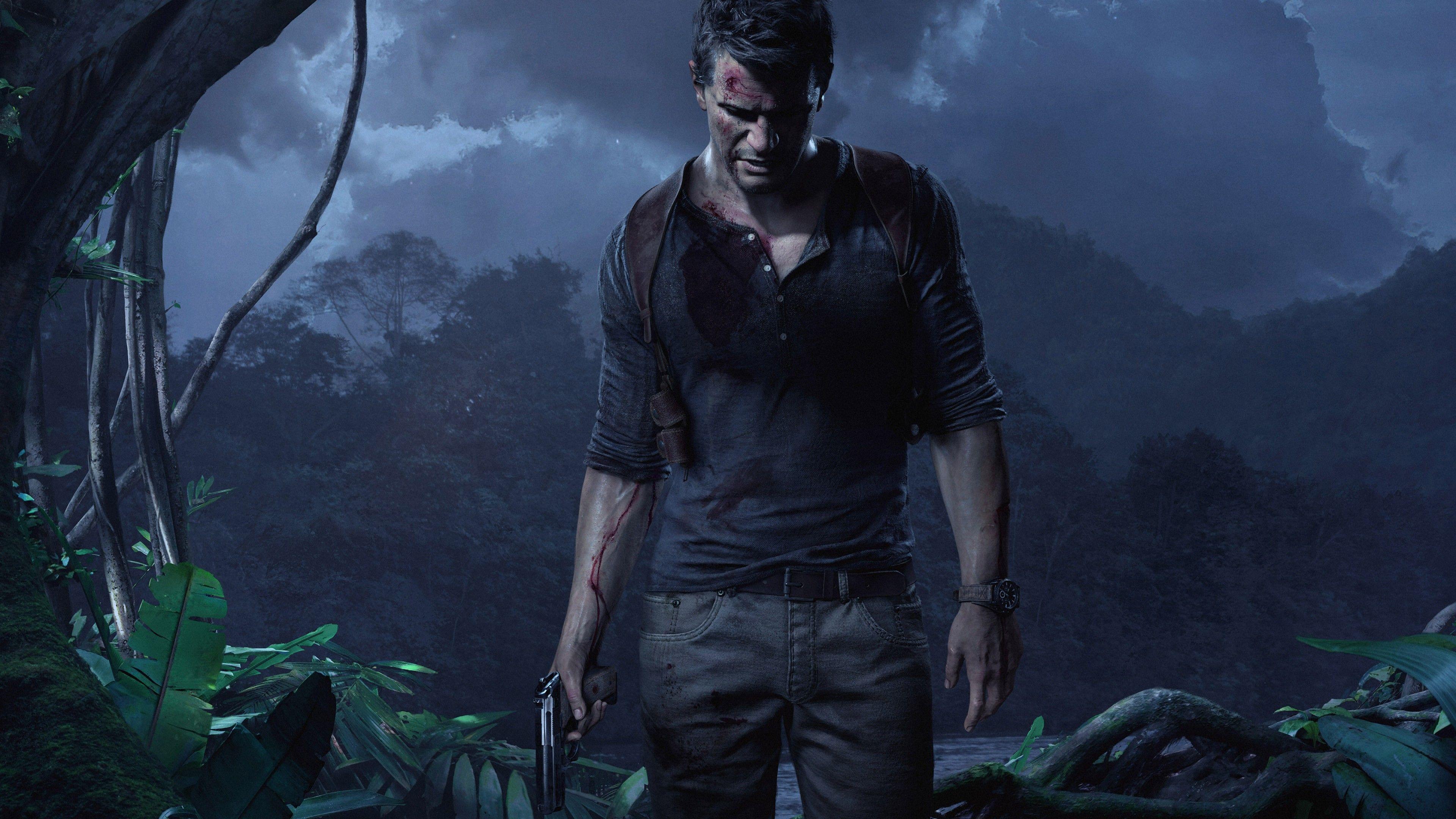 3840x2160 Wallpaper Uncharted 4: A Thief's End, game, jungle, night, gun, screenshot, 4k, 5k, PC, Games