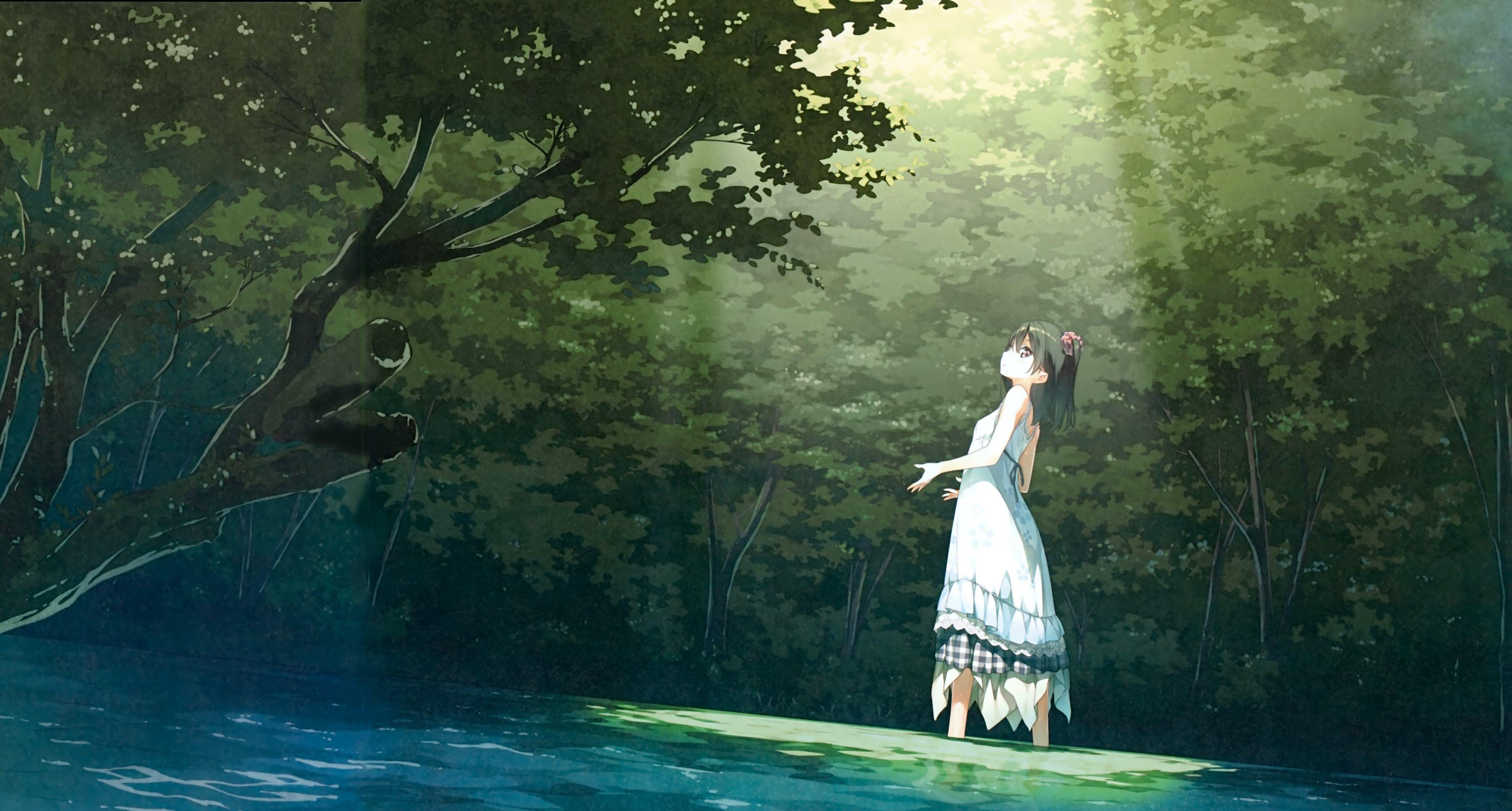 4592x2463 Forest anime girl sunshine wallpaperx2463