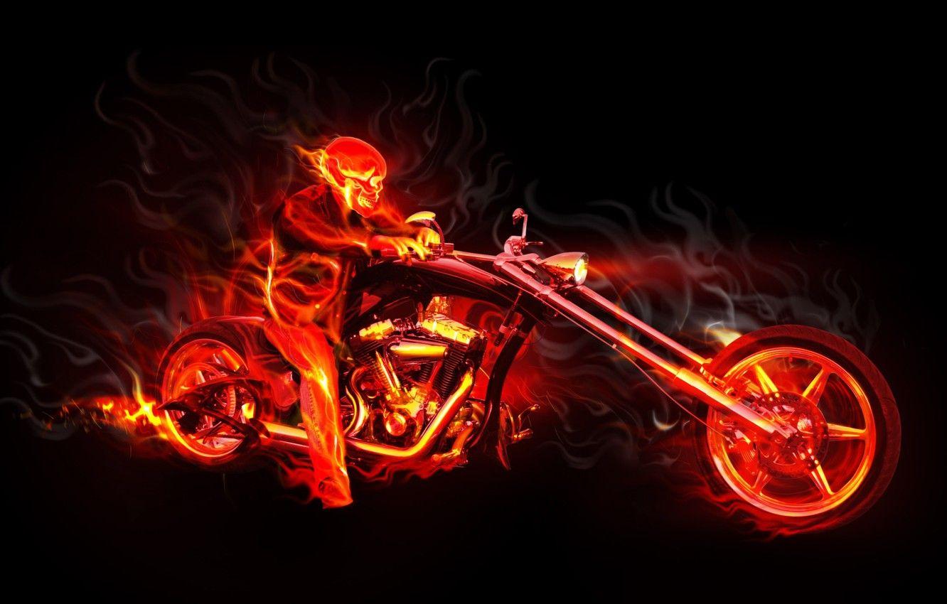 1332x850 Wallpaper flame, skull, Motorcycle image for desktop, section фантастика