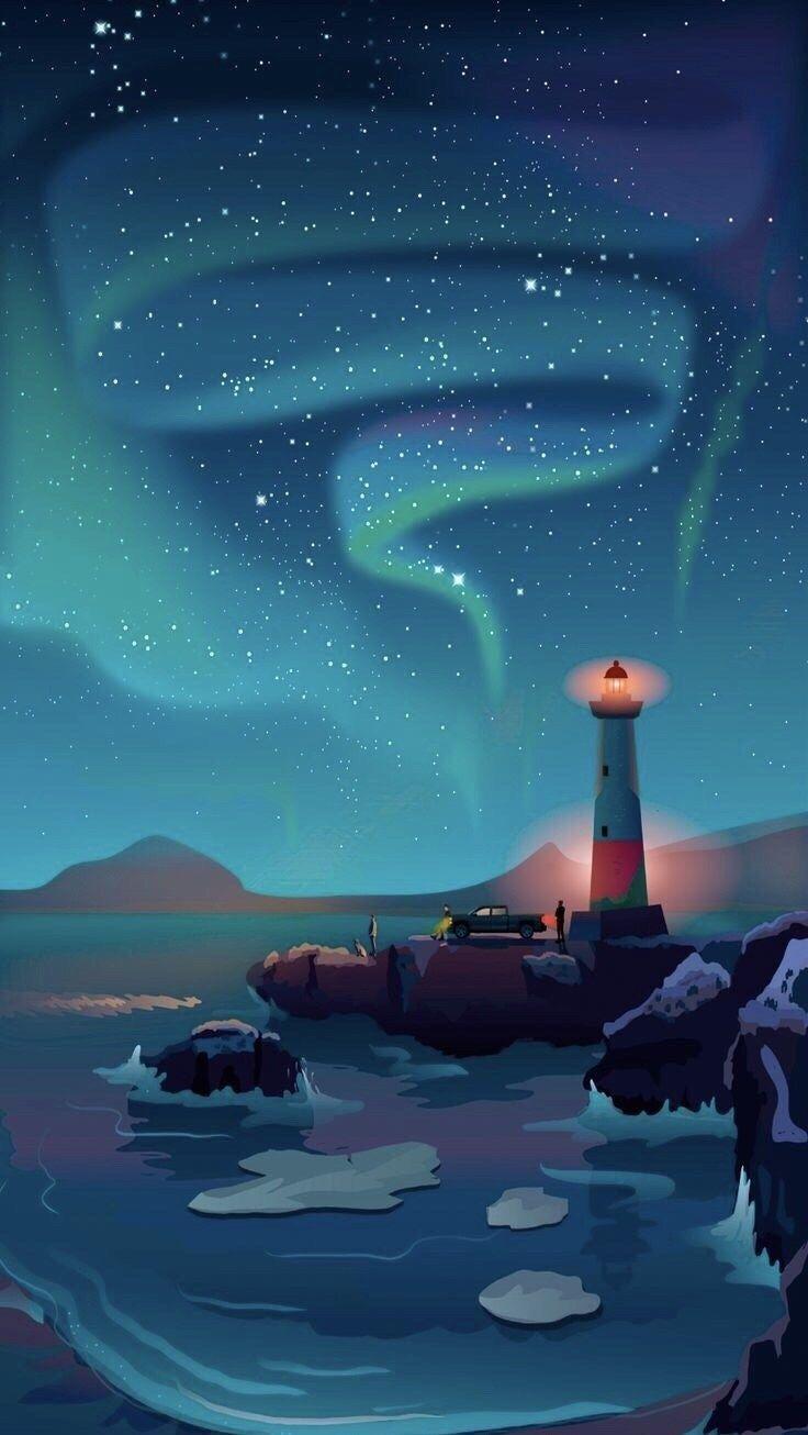 736x1306 Northern Lights Seaside Lighthouse .