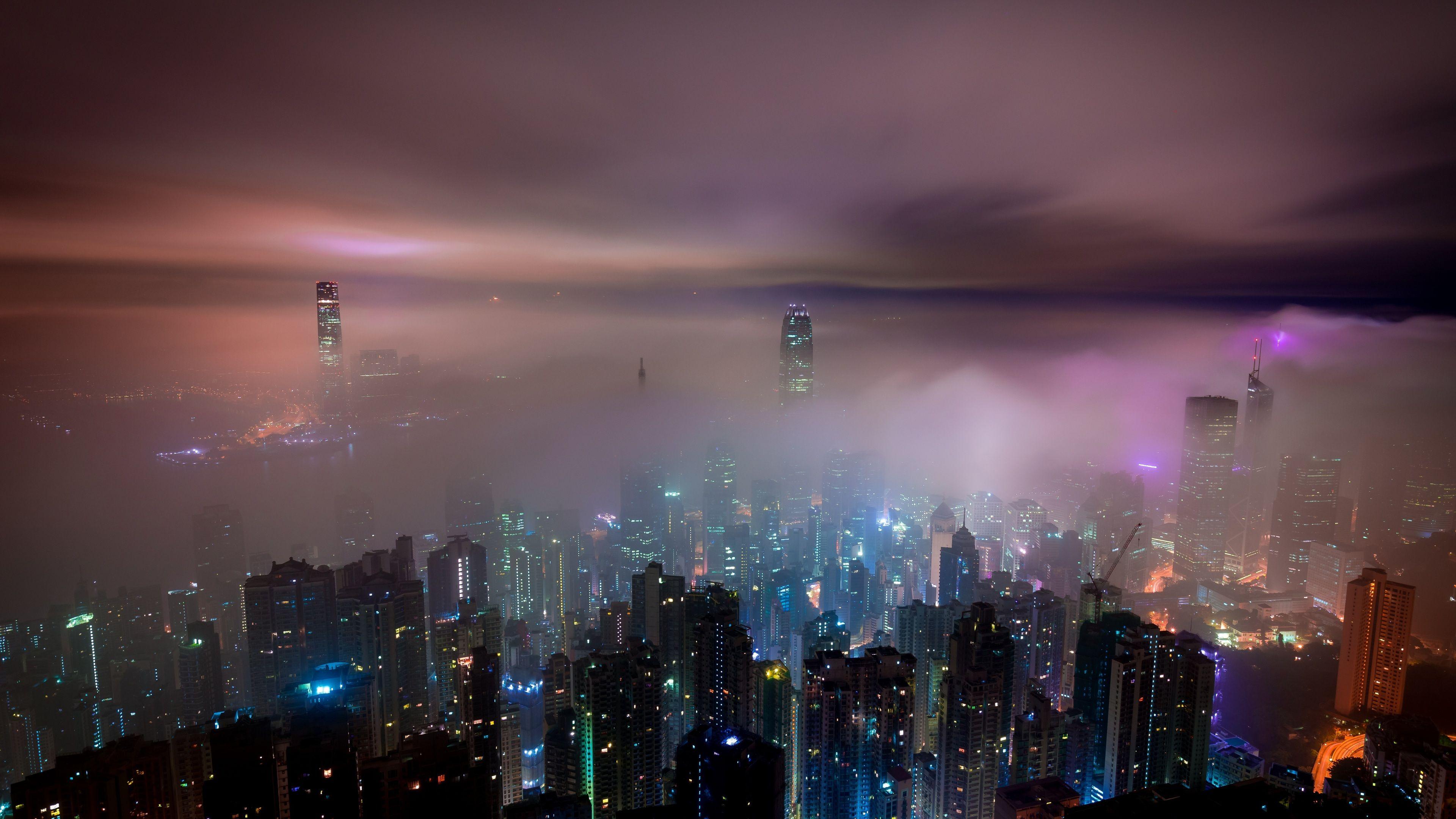 3840x2160 Hong Kong Buildings Night Lights Mist .