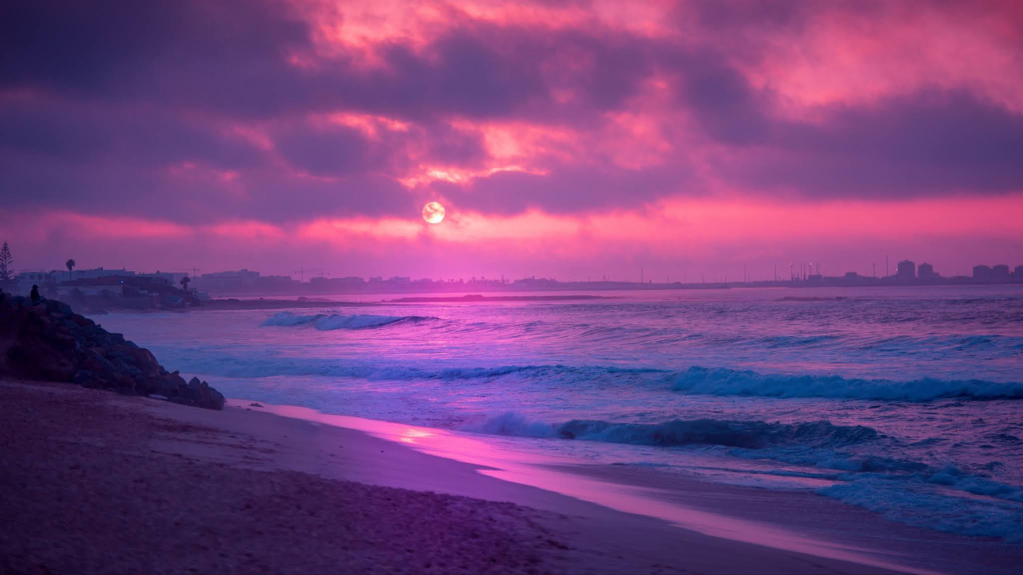 Pink Sunset Beach HD Wallpaper