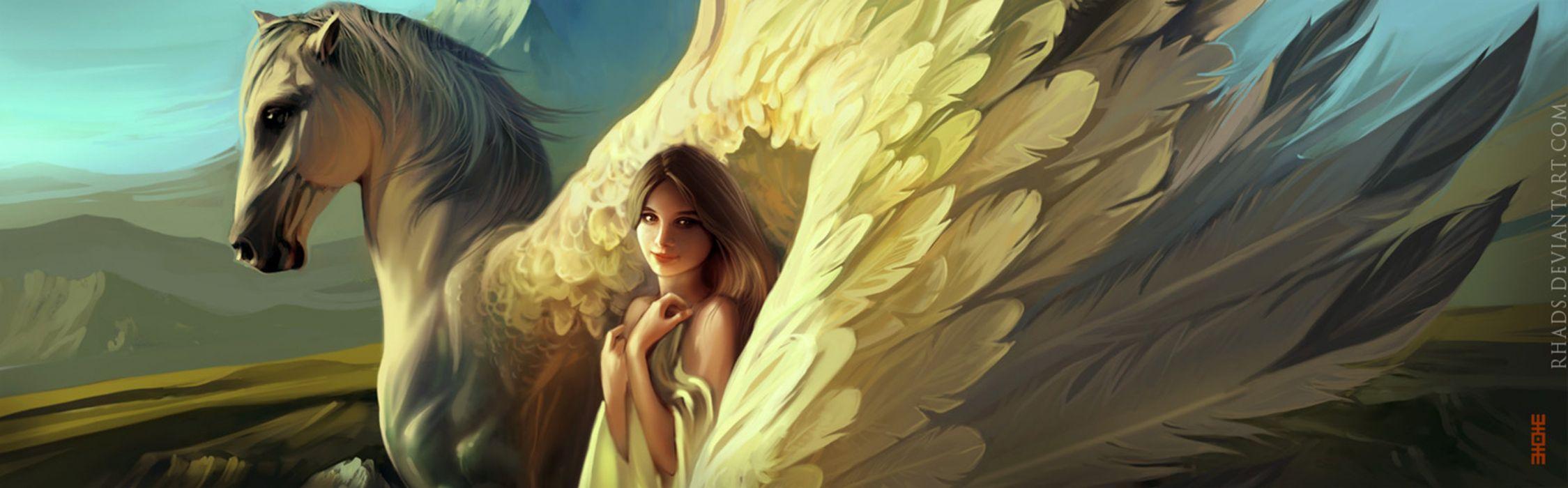 2249x700 Pegasus angel painting girl artwork .