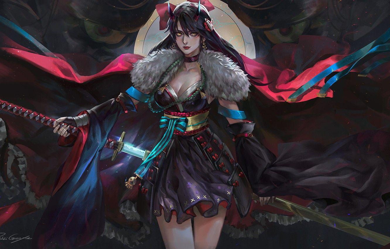1332x850 Wallpaper dark, demon, girl, sword, fantasy, cleavage, horns, armor, dress, weapon, katana, brunette, samurai, digital art, artwork, warrior image for desktop, section фантастика