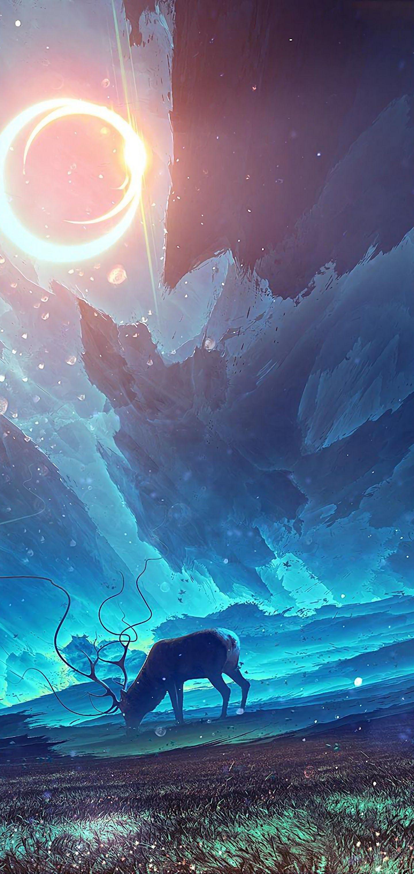1440x3040 Fantasy Moon Scenery Deer 4K Wallpaper