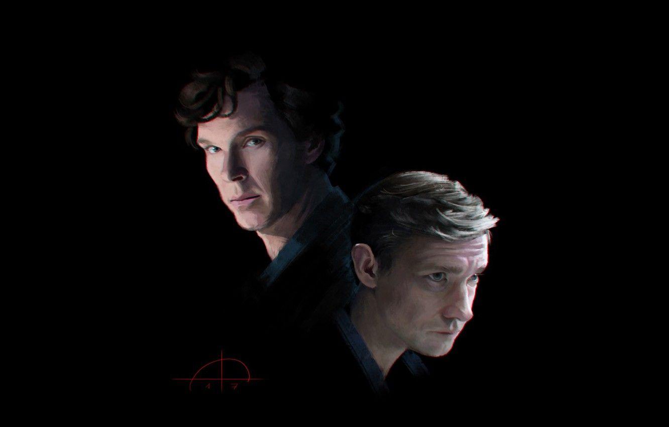 1332x850 Wallpaper Sherlock Holmes, black background, Martin Freeman, Benedict Cumberbatch, Sherlock, Sherlock BBC, John Watson image for desktop, section фильмы