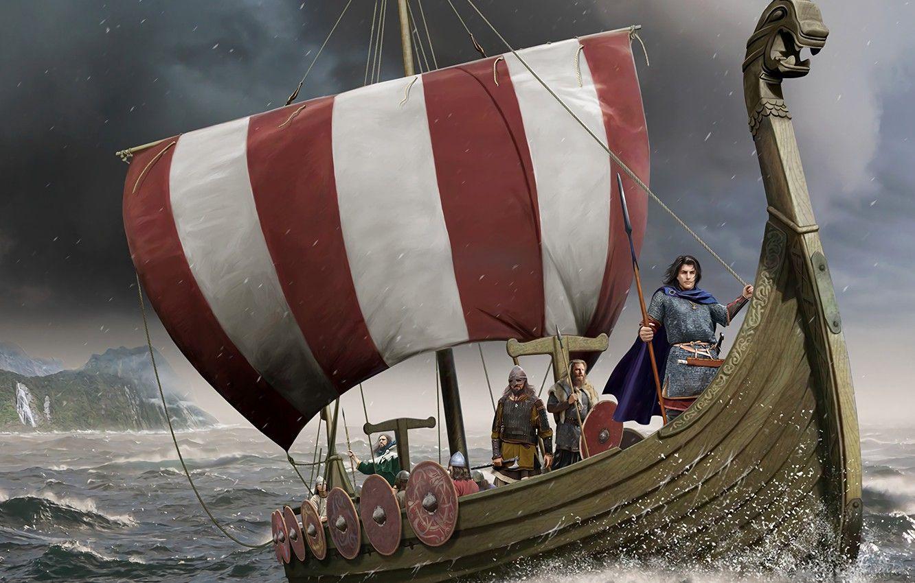 1332x850 Wallpaper Sea, Ship, Spear, The Vikings, Drakkar, sailors, Nordic battle axe, Skandinavskie image for desktop, section живопись