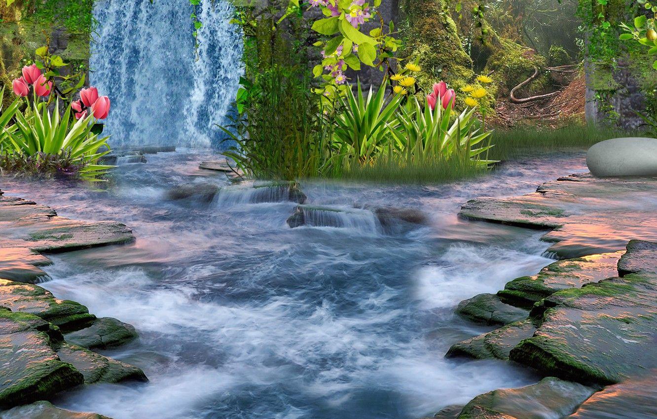 1332x850 Wallpaper flowers, stones, waterfall .