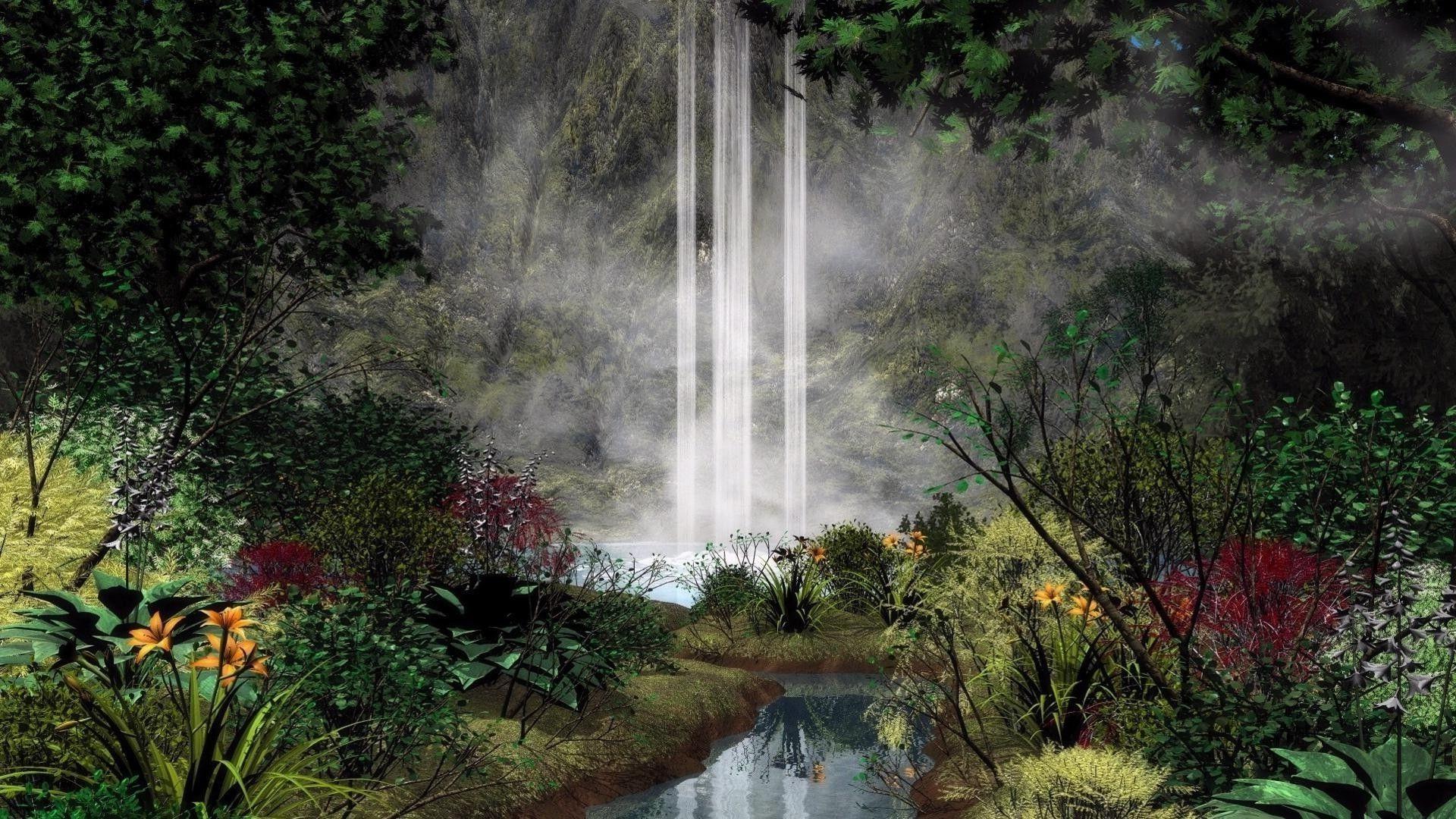 1920x1080 Waterfall, Flowers, Trees Wallpapermillion