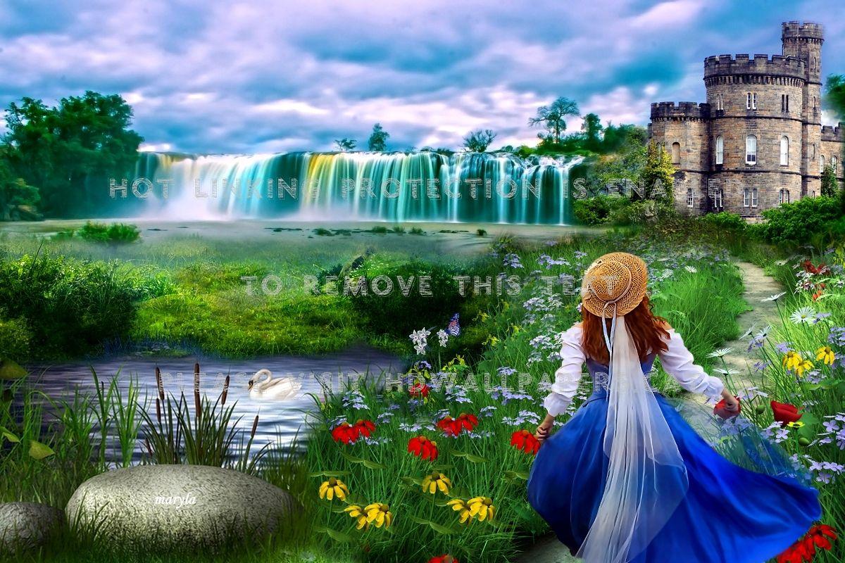1200x800 waterfall nature castle stones girl flowerhdwallpaper.cat