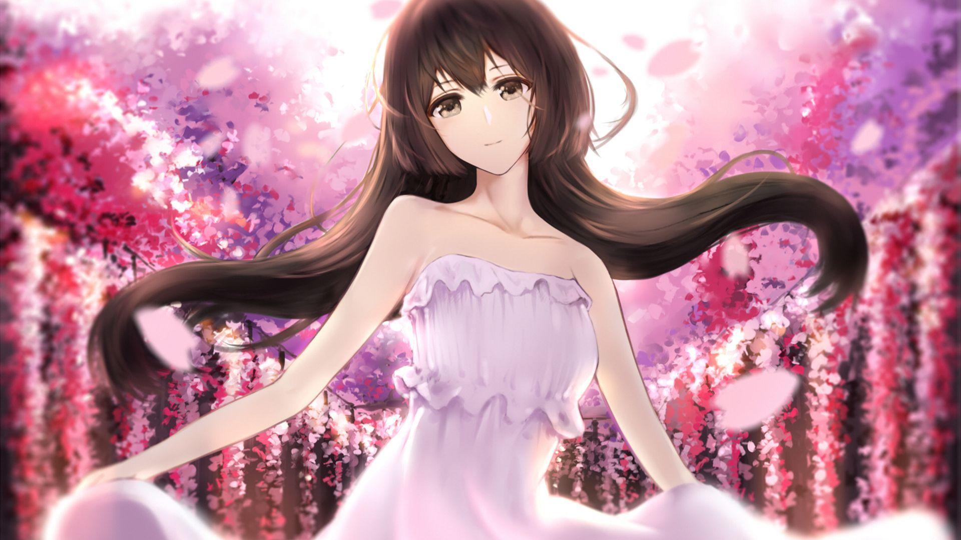 1920x1080 Dance, cherry blossom, pink dress, anime girl wallpaper, HD image, picture, background, f99b00