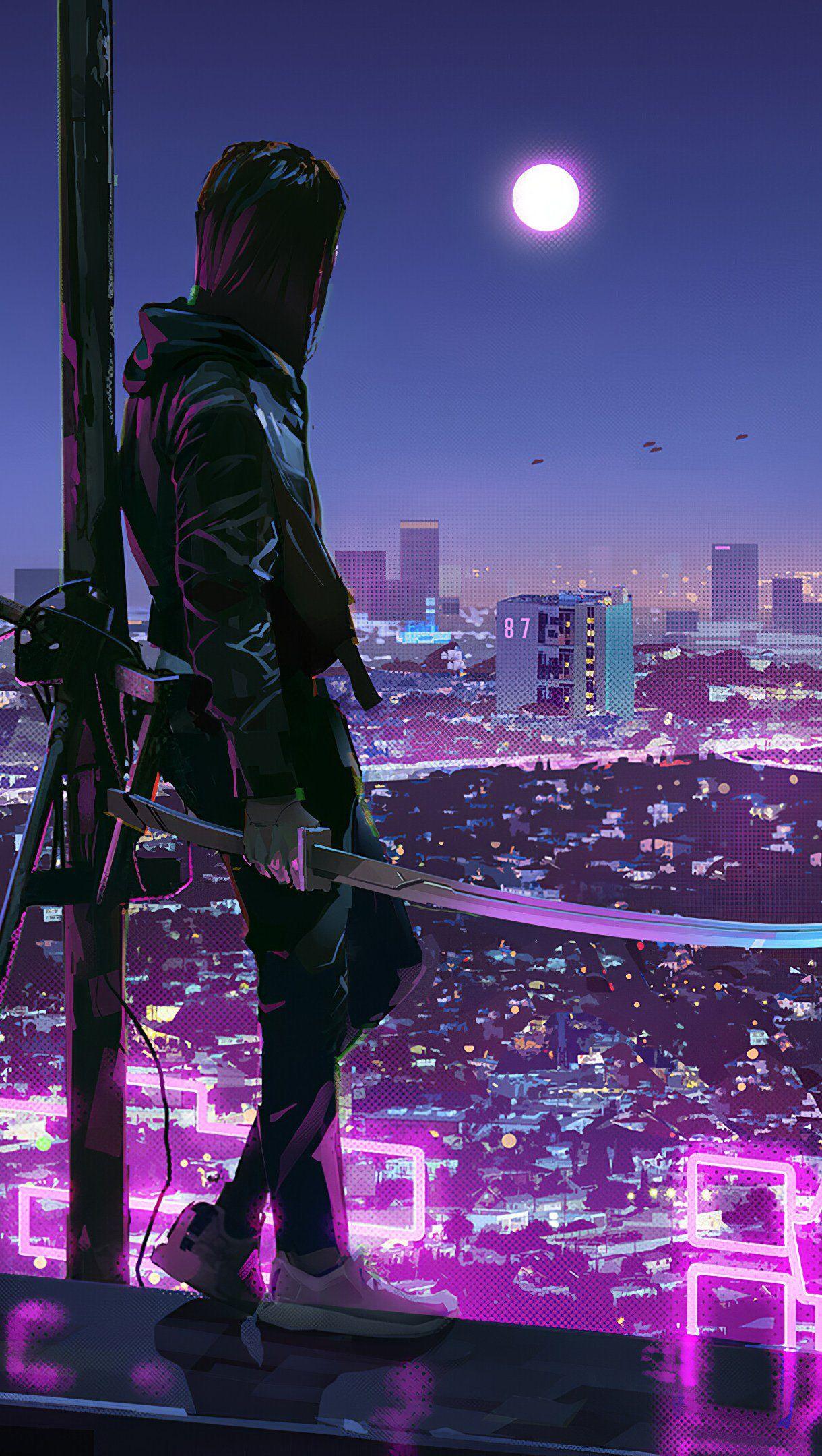 1220x2160 Ninja Katana Sci Fi City Neon Lights .