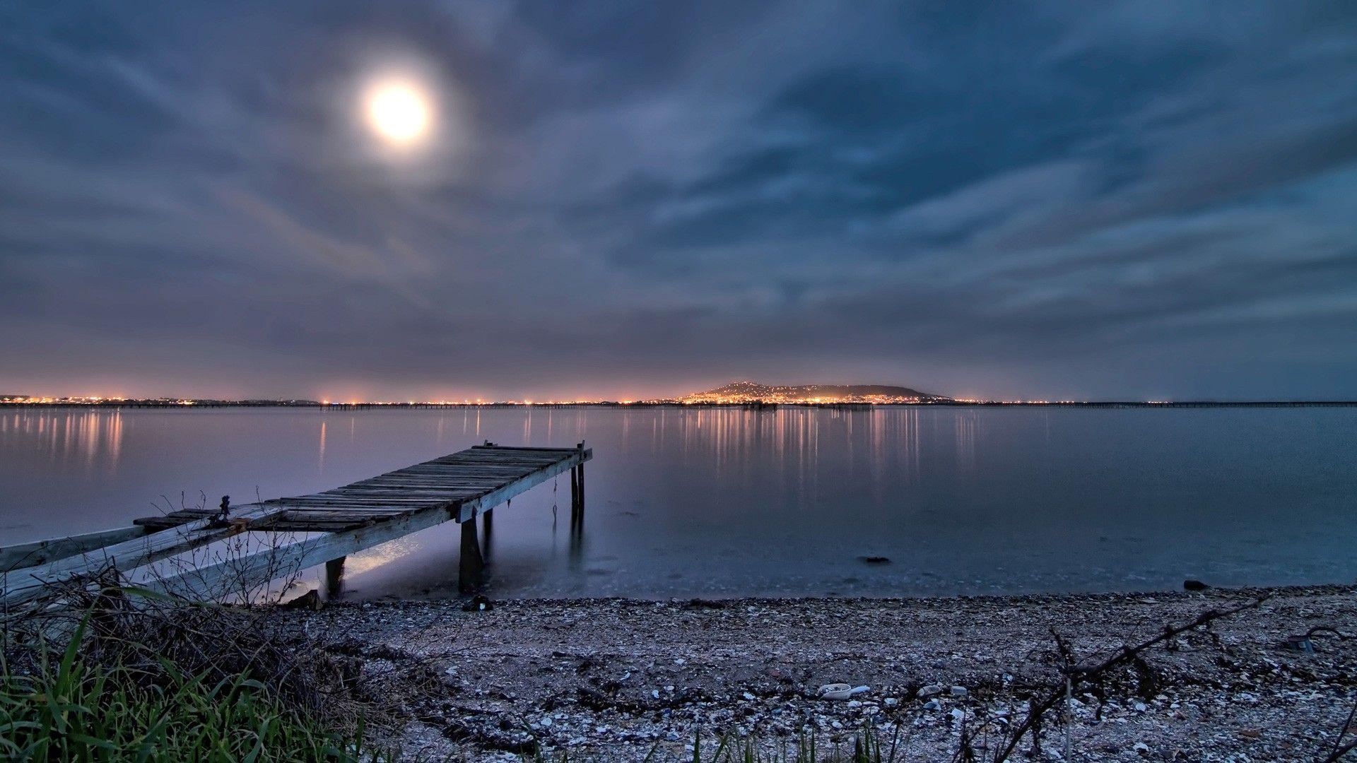 1920x1080 Night Sea Lights Beach Moon Wallpaper .