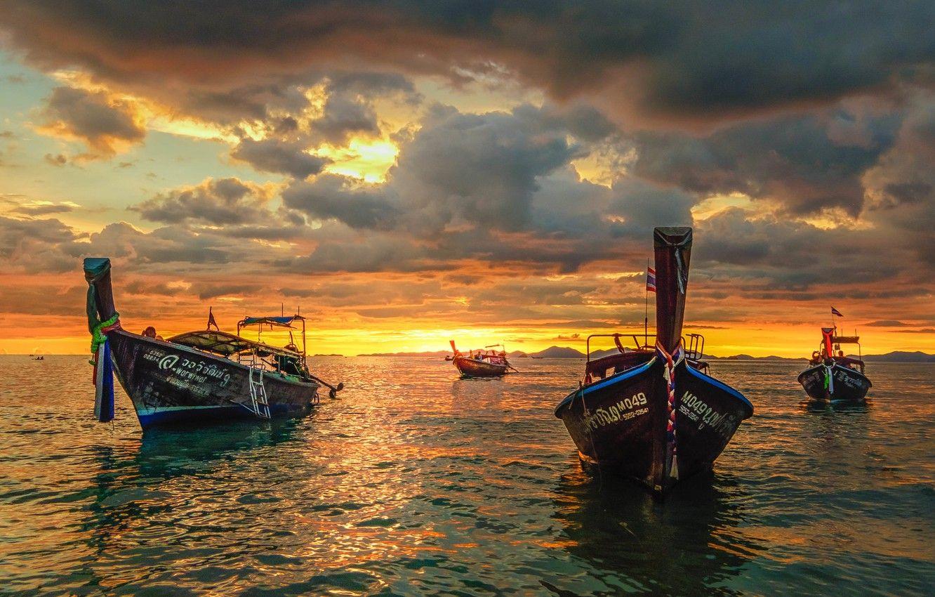 1332x850 Wallpaper sea, sunset, boats, Thailand .