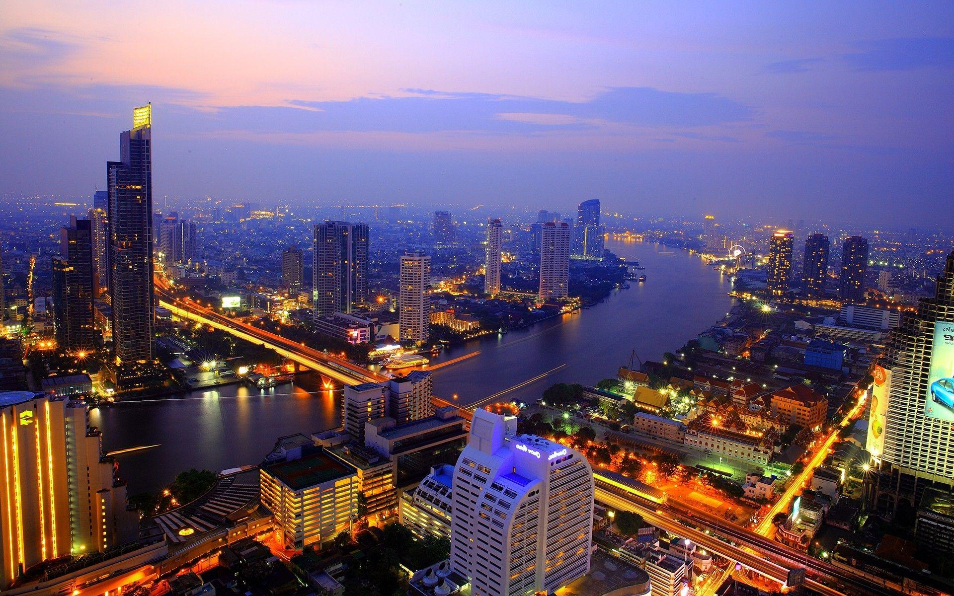 1920x1200 cityscape, River, Skyscraper, Lights .