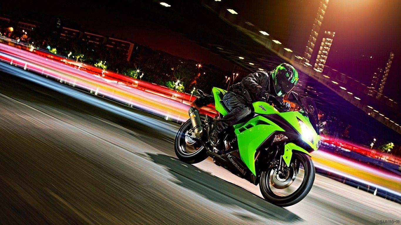 1366x768 green, racer, motorcycles, kawasaki ninja wallpaper