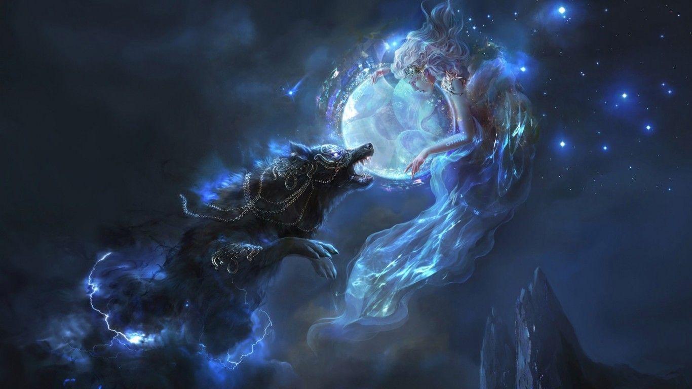 1366x768 Download 1366x768 Fantasy Girl, Wolf .