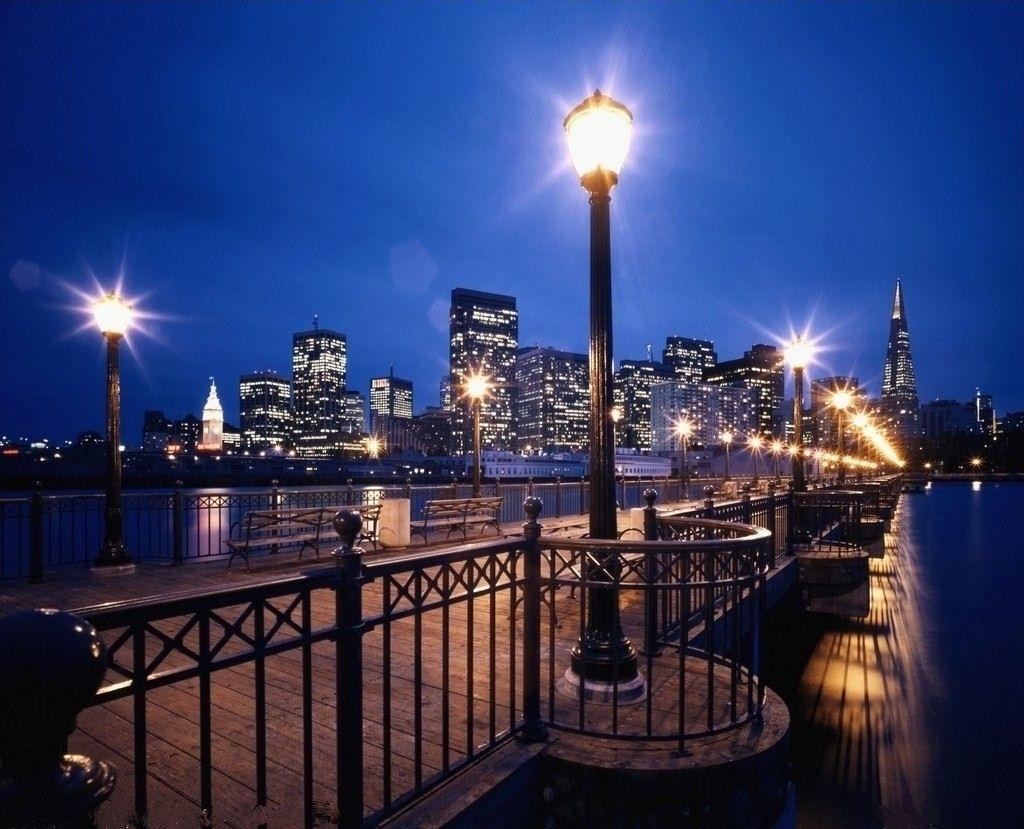 1024x829 Skyscrapers: City Lights Skyscrapers Lamp Post Dark Windows Evening