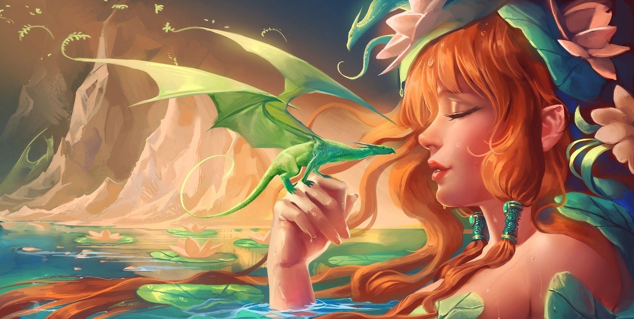 2149x1080 Mood, Artwork, Goddess, Flowers, Dragon .