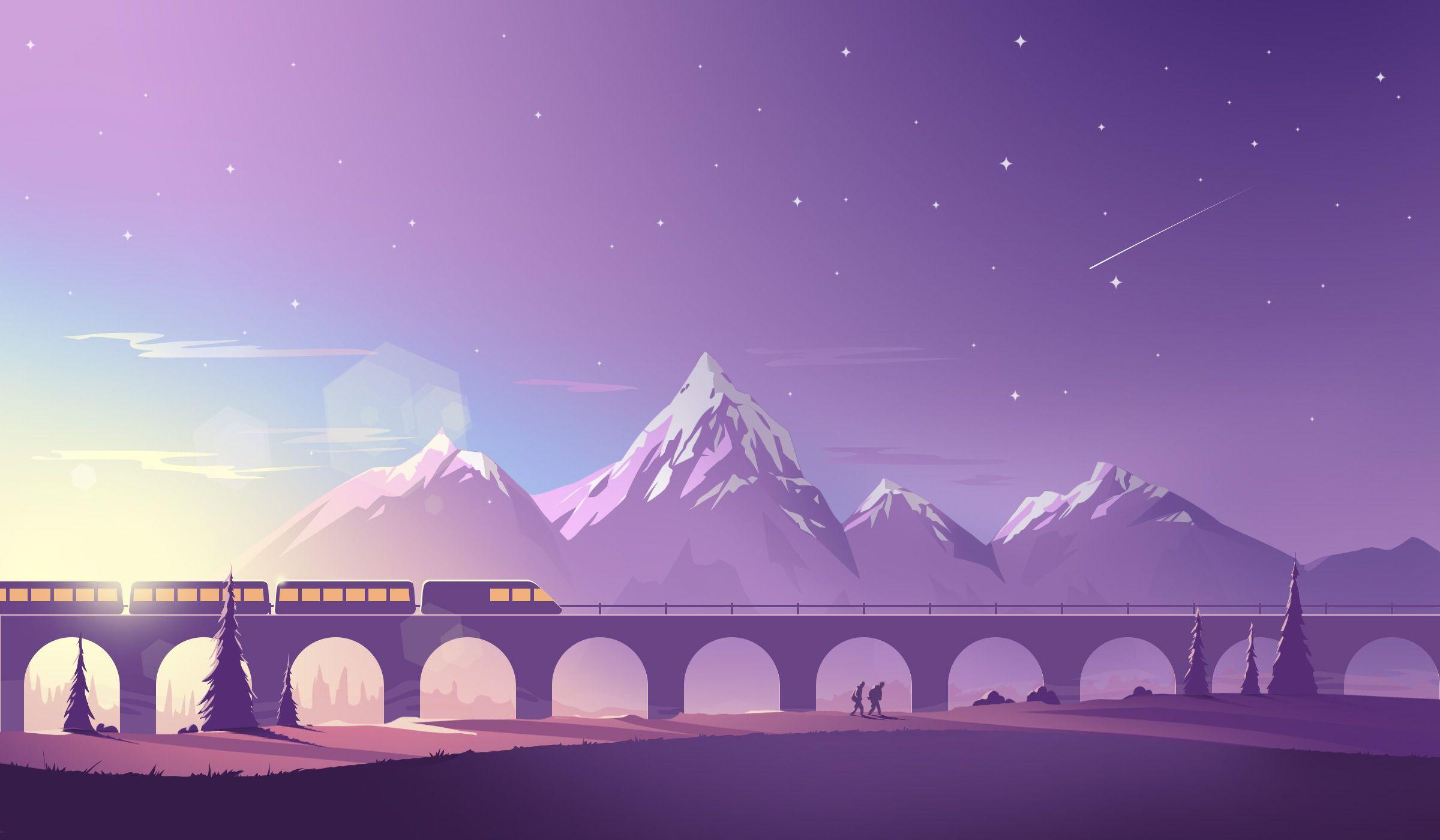 2400x1400 Train Mountains Illustration Minimalistic, HD Artist, 4k Wallpaper, Image, Background, Photo and Picture