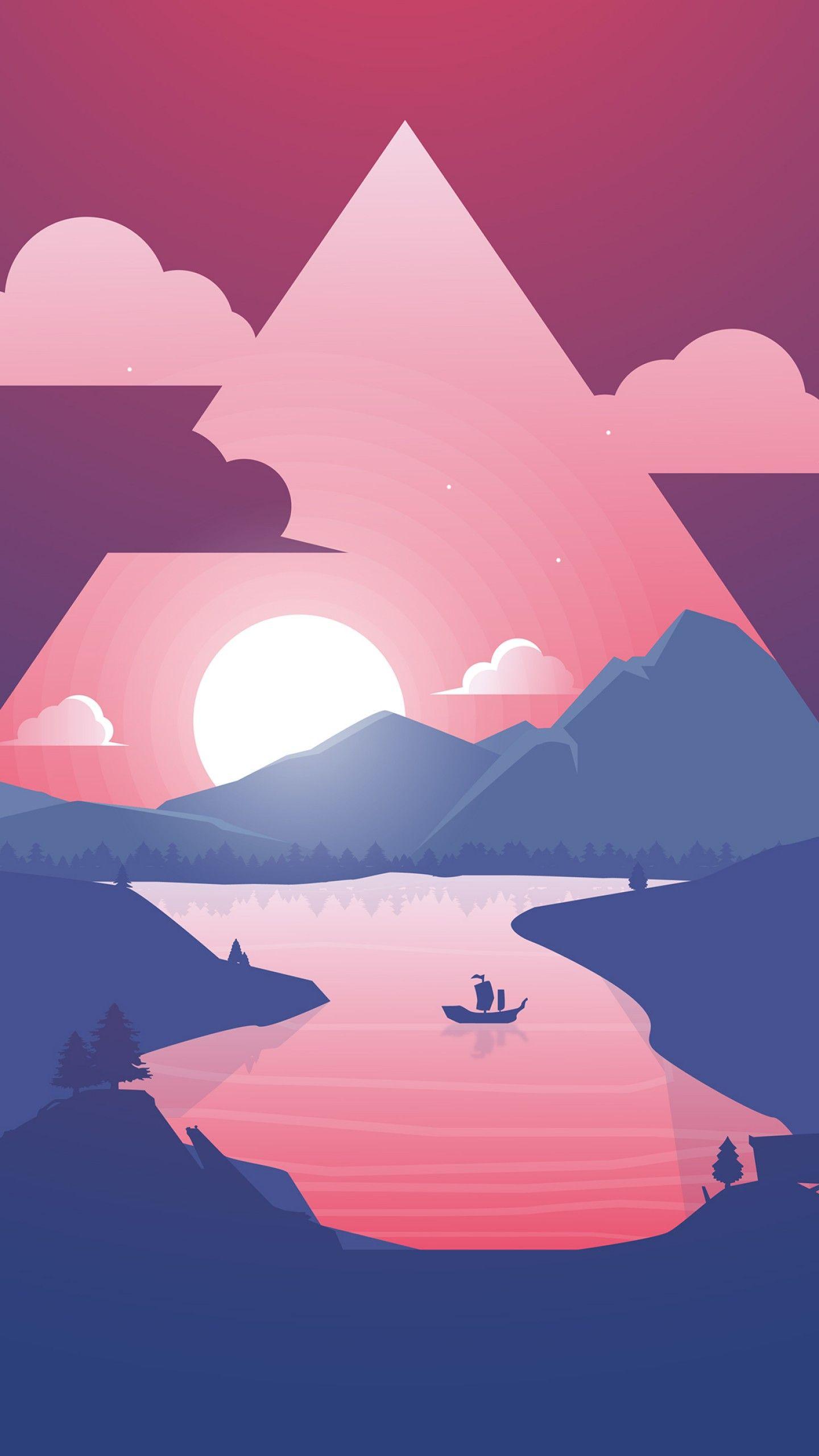 1440x2560 Wallpaper mountain, sun, river, purple .
