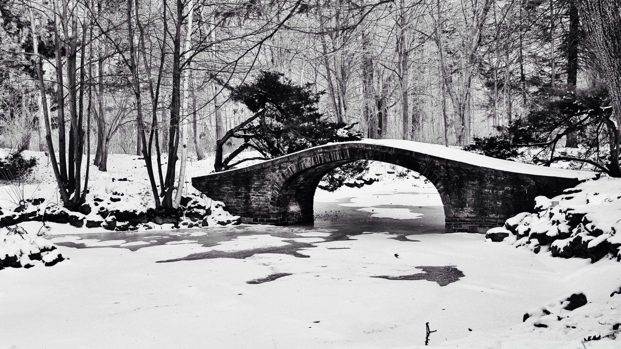 2048x1152 4k Bridge In The Winter Forest Wallpaper For Desktop HD Wallpaper