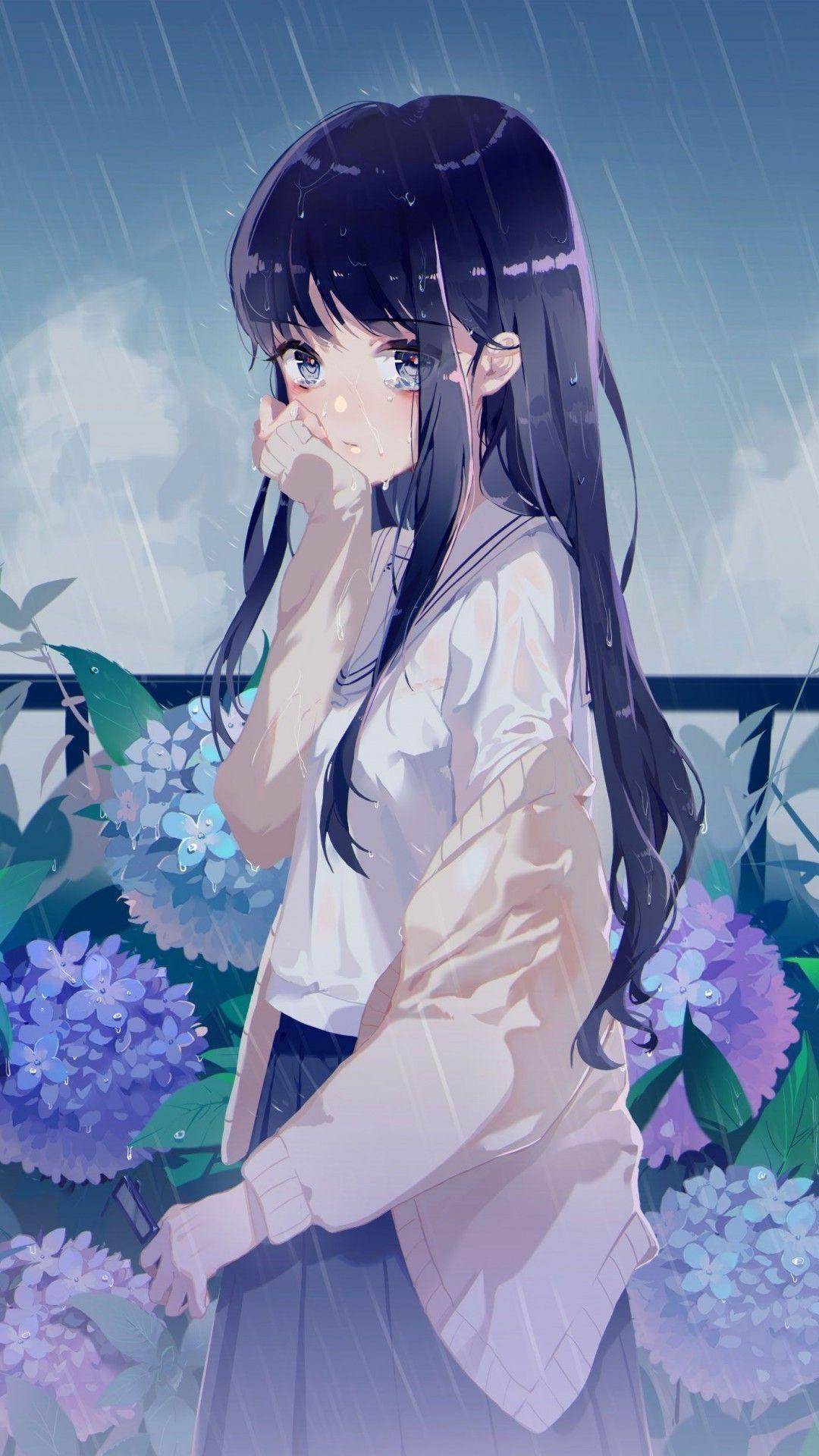 1080x1920 Download 1080x1920 Anime Girl, Raining, Flowers, Black Hair, Tears, Crying, Emotional Wallpaper for iPhone iPhone 7 Plus, iPhone 6+, Sony Xperia Z, HTC One