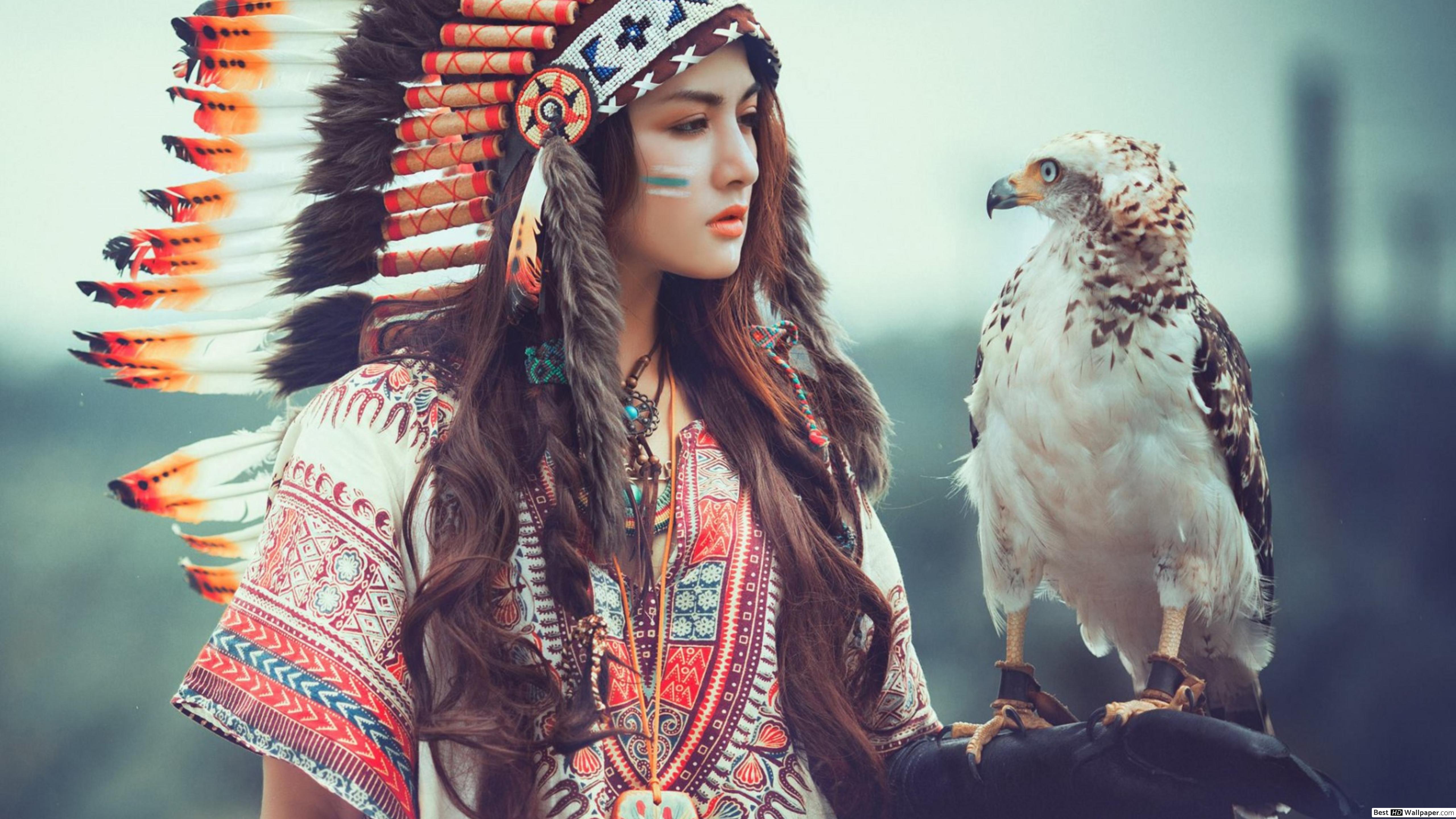 5120x2880 Native American Girl with Eagle HD .