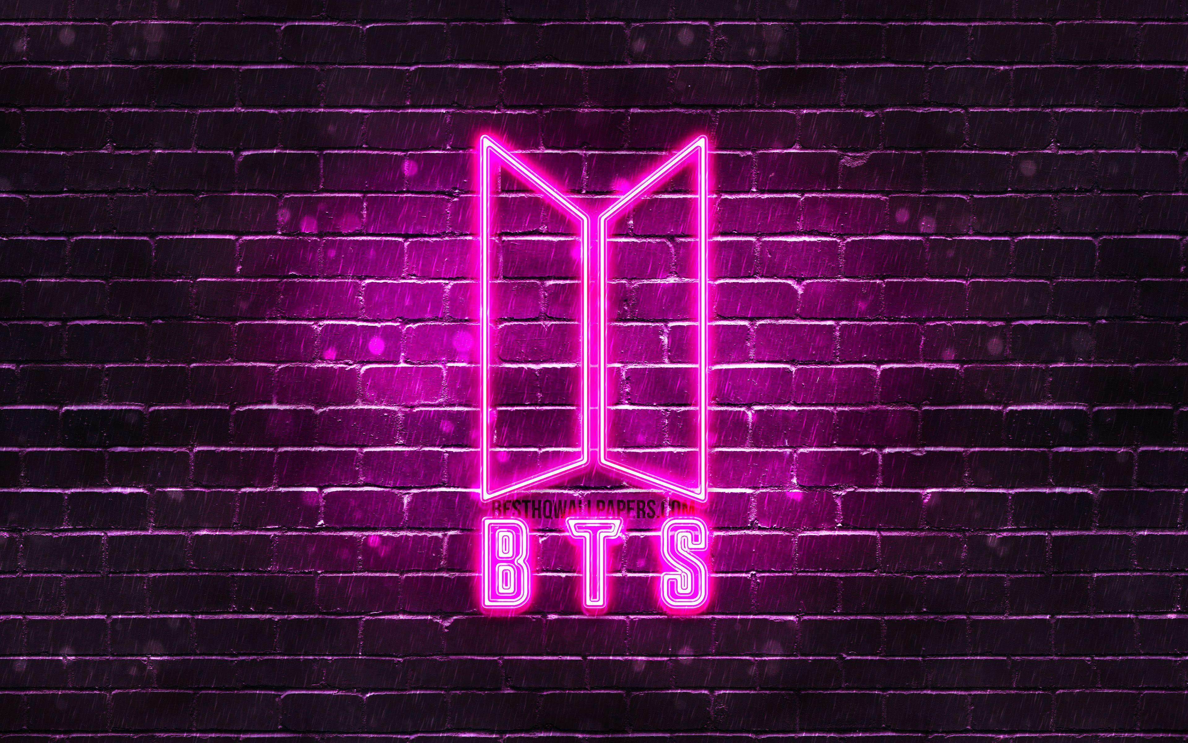 3840x2400 korean band, BTS neon logo .