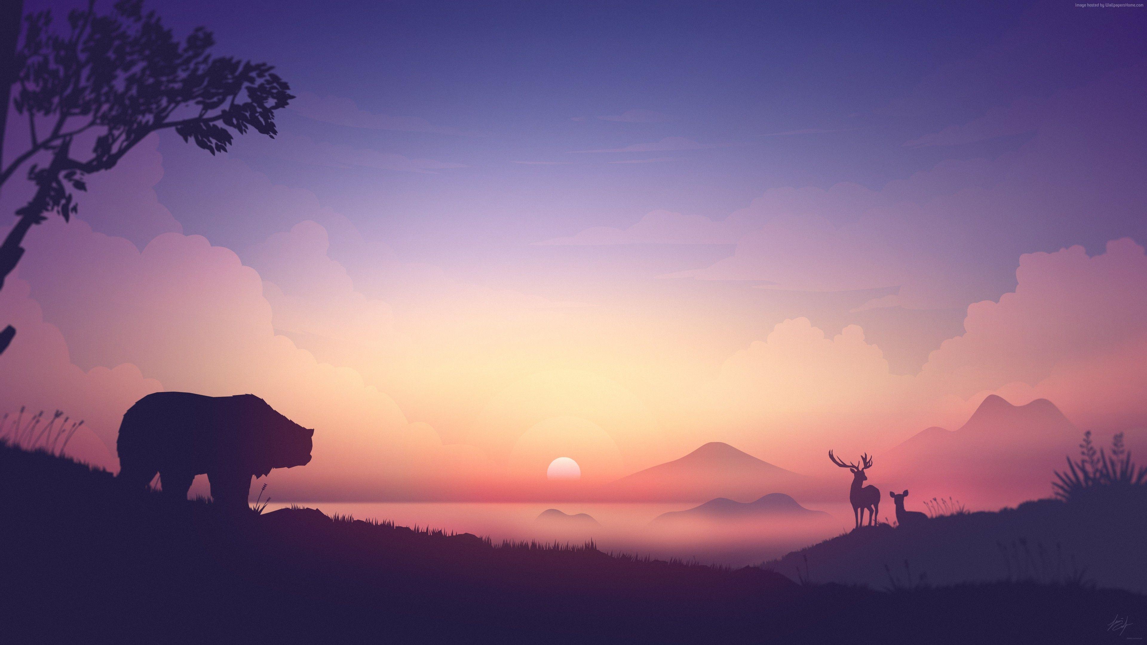 3840x2160 Wallpaper sunset, bear, deer, 8K, Art .