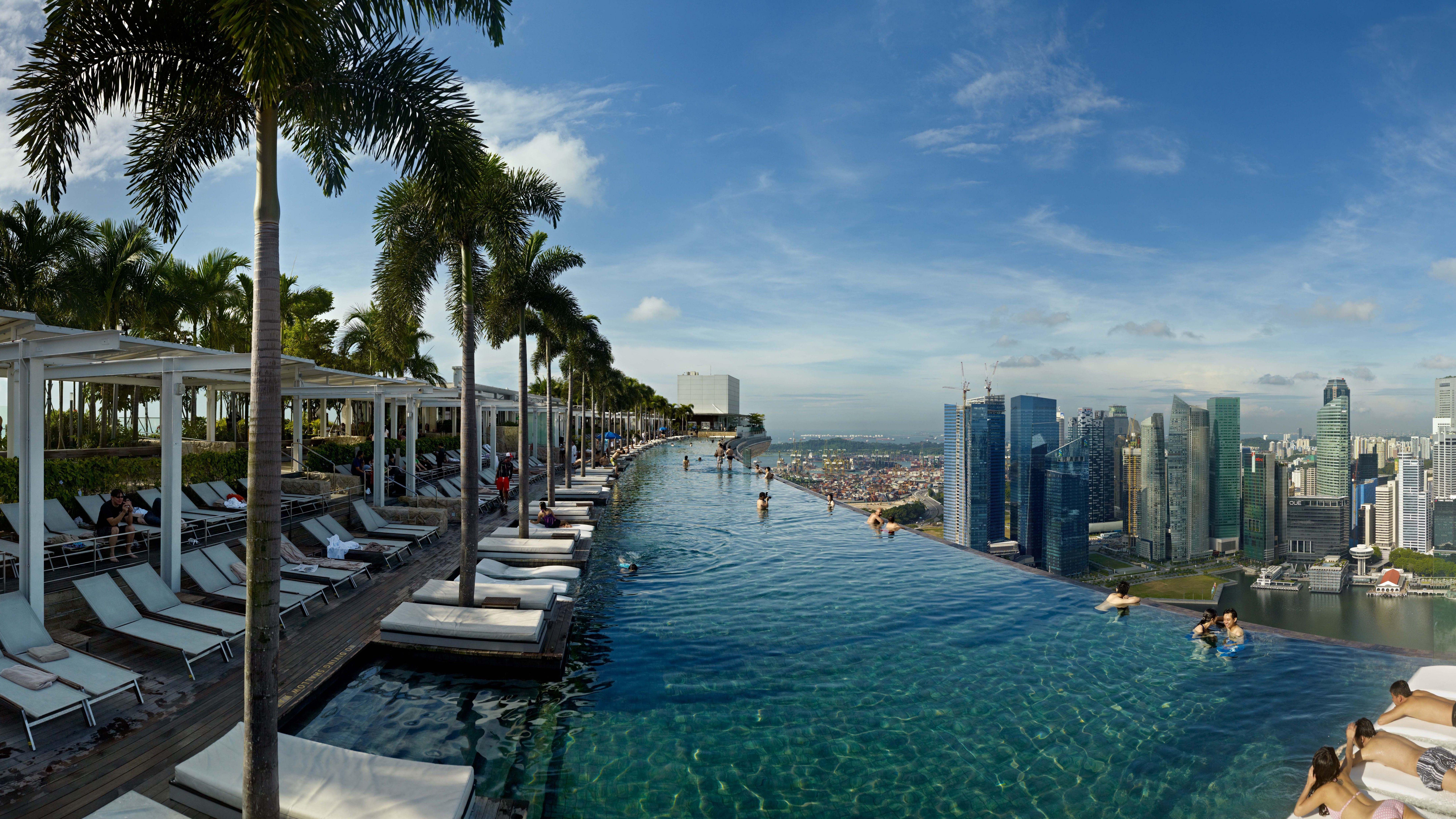 7680x4320 Wallpaper Marina Bay Sands, infinity pool, pool, hotel, travel, booking, casino, Singapore, Architecture