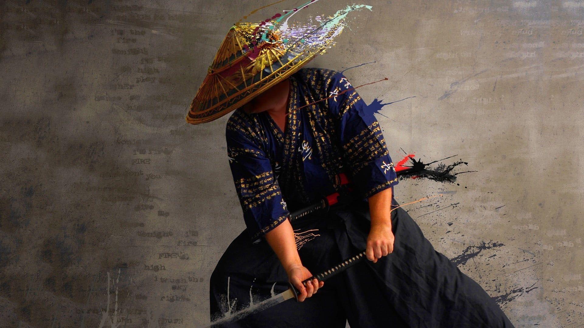 1920x1080 Samurai holding katana and wearing brown and purple hat HD wallpaper