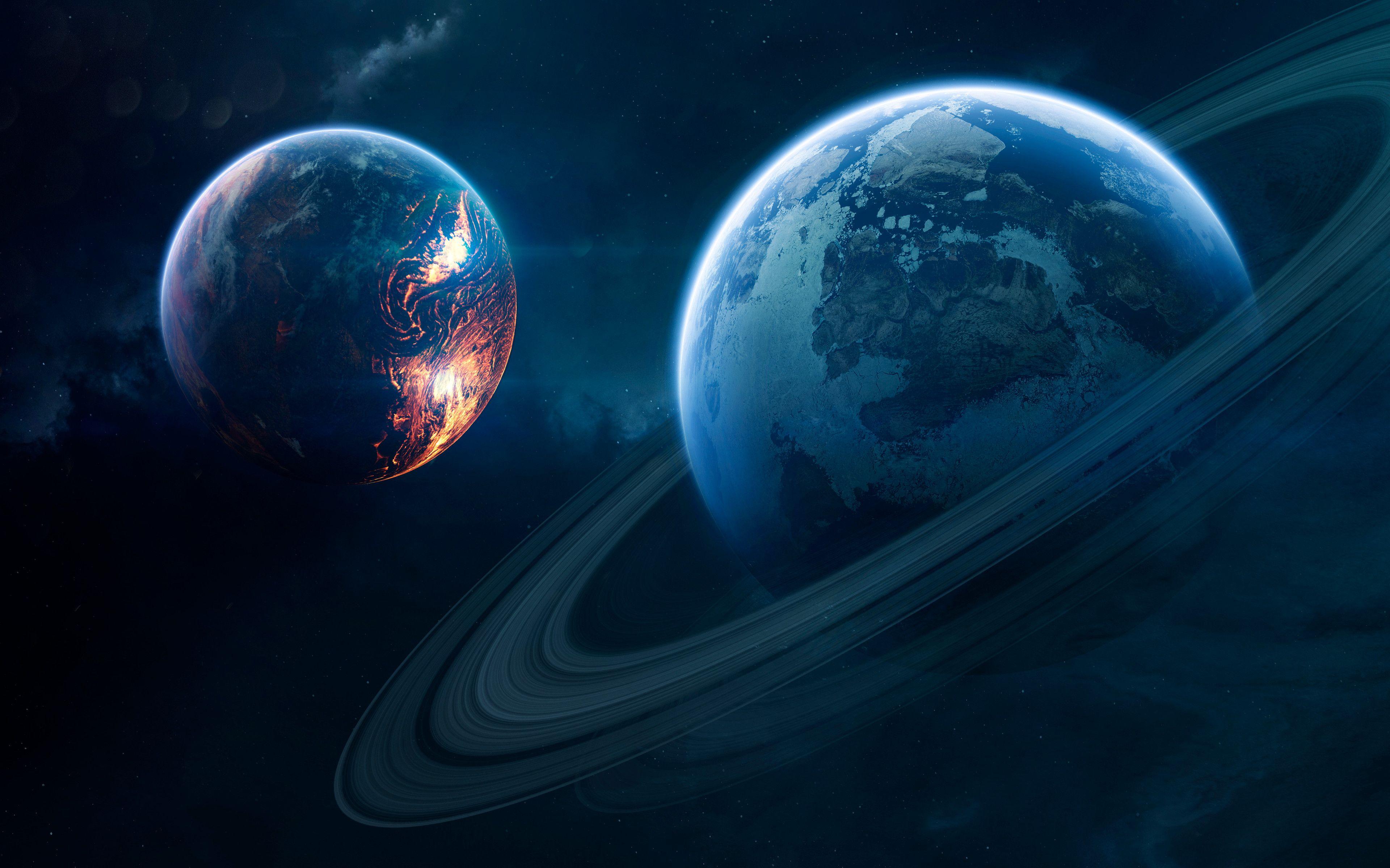 3840x2400 Blue planet Wallpaper 4K, Orbital ring, Red planet, Stars, Galaxy, Space