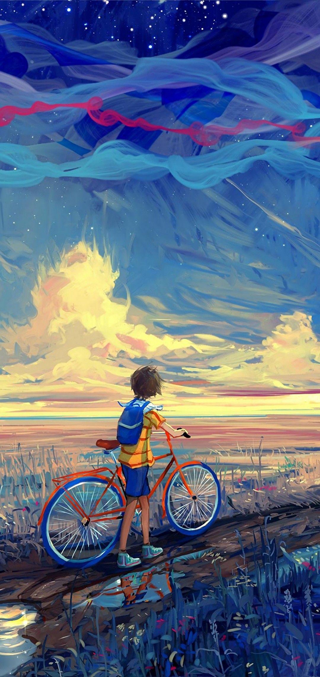 1080x2280 Kid with bicycle Wallpaper. Bicycle wallpaper, Bicycle art, Art wallpaper