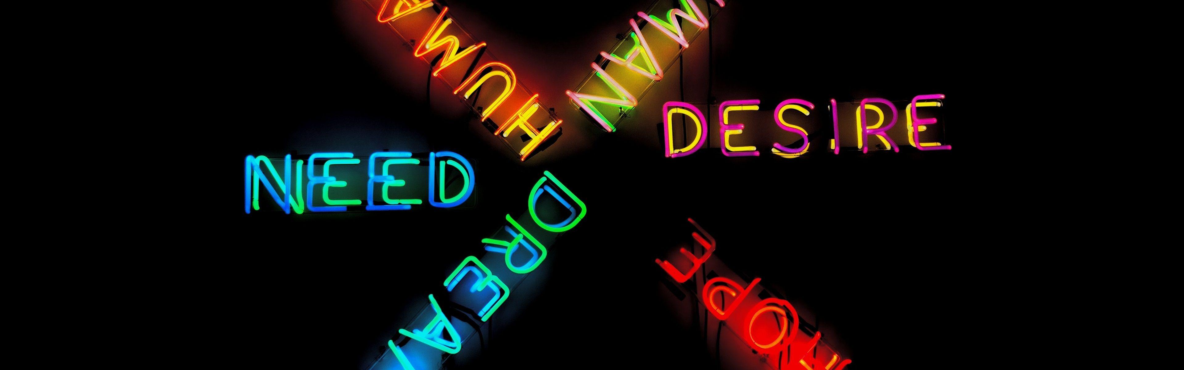 3840x1200 Wallpaper Colorful Neon Words, Darkness .best