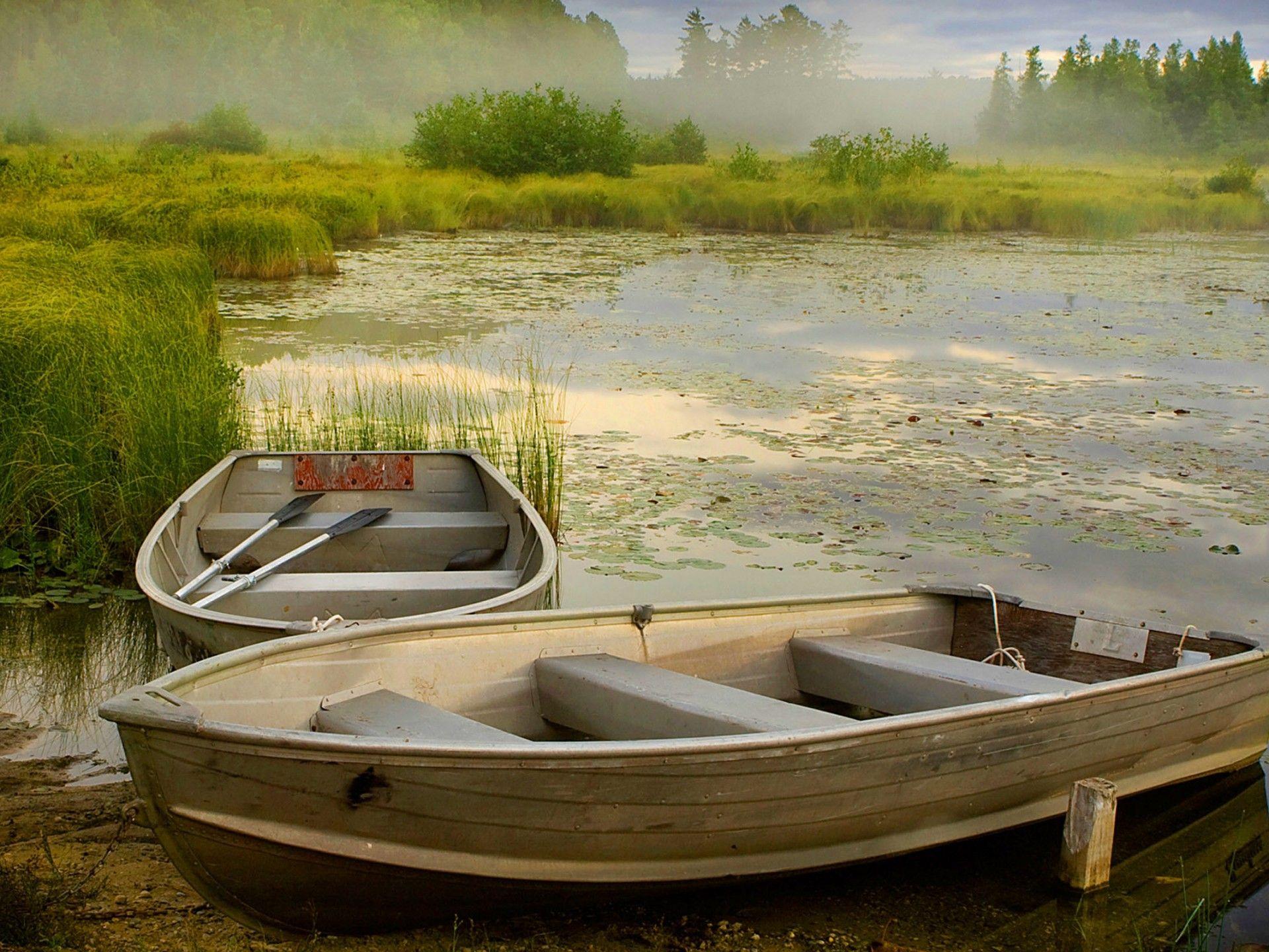 1920x1440 Lake Boats Reed In Misty Morning .