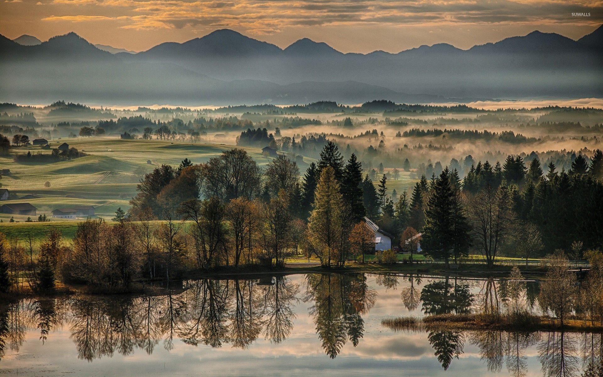 1920x1200 Foggy morning in a german village .