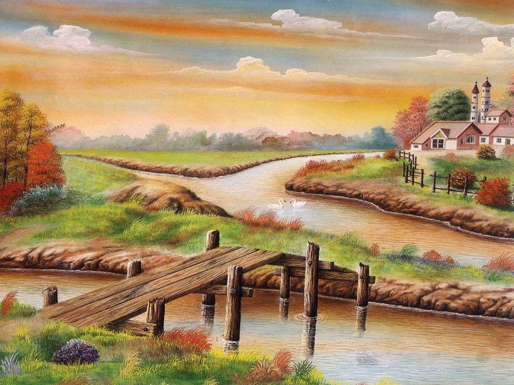 1024x768 Beautiful Painting Of Village Scene HD Wallpaper
