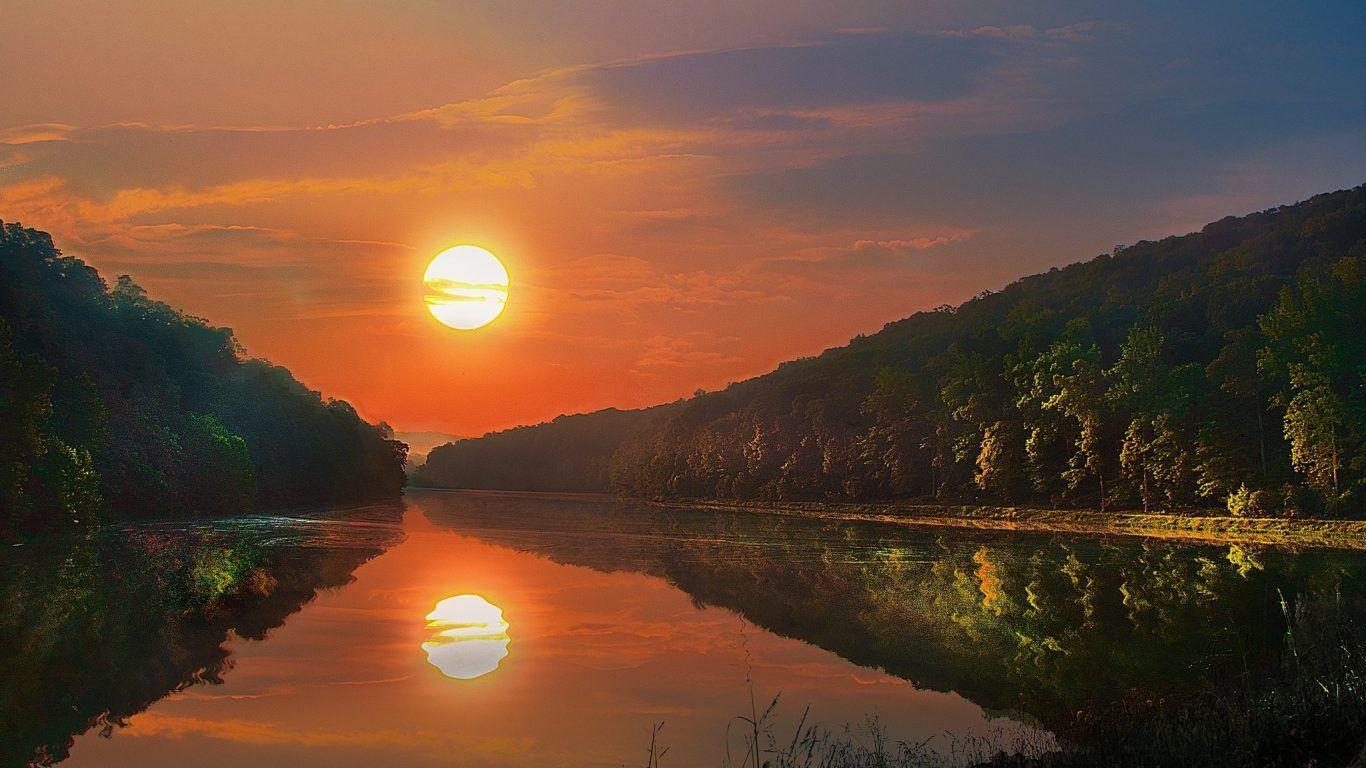 1366x768 Sunsets: Leaves Sunset Autumn Scenery Pond Little Wallpaper iPhone