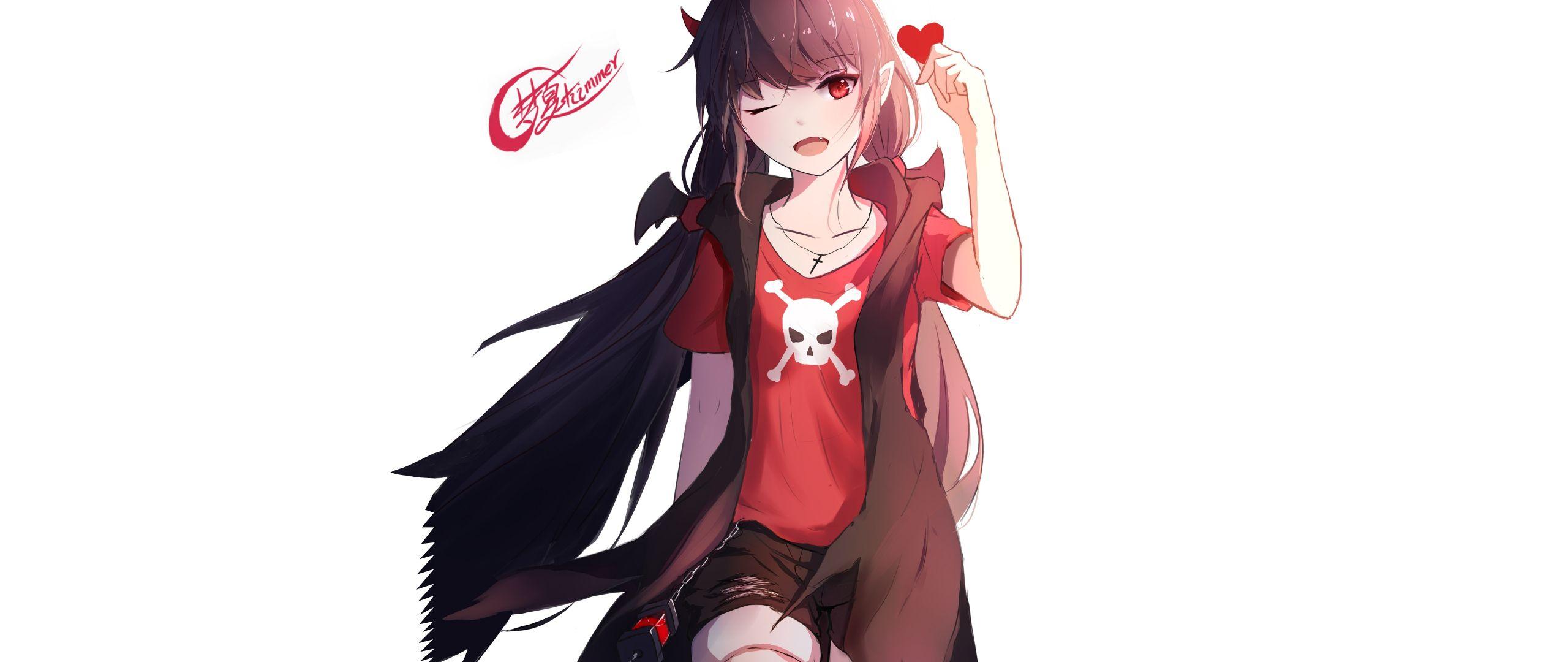 2560x1080 Download 2560x1080 wallpaper beautiful, red eyes, devil, wink, anime girl, artwork, dual wide, widescreen, 2560x1080 HD image, background, 10537