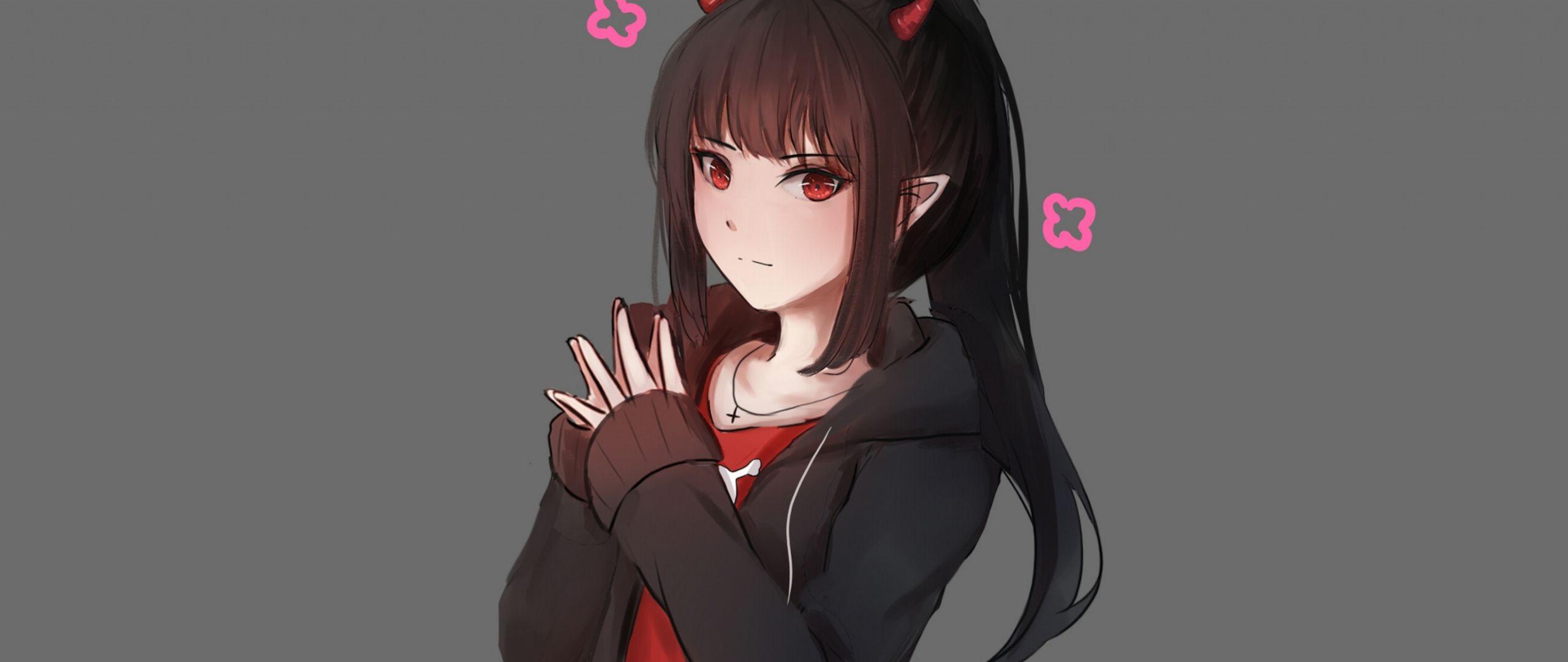 2560x1080 Red Eyes, Anime Girl, Devil, Art .